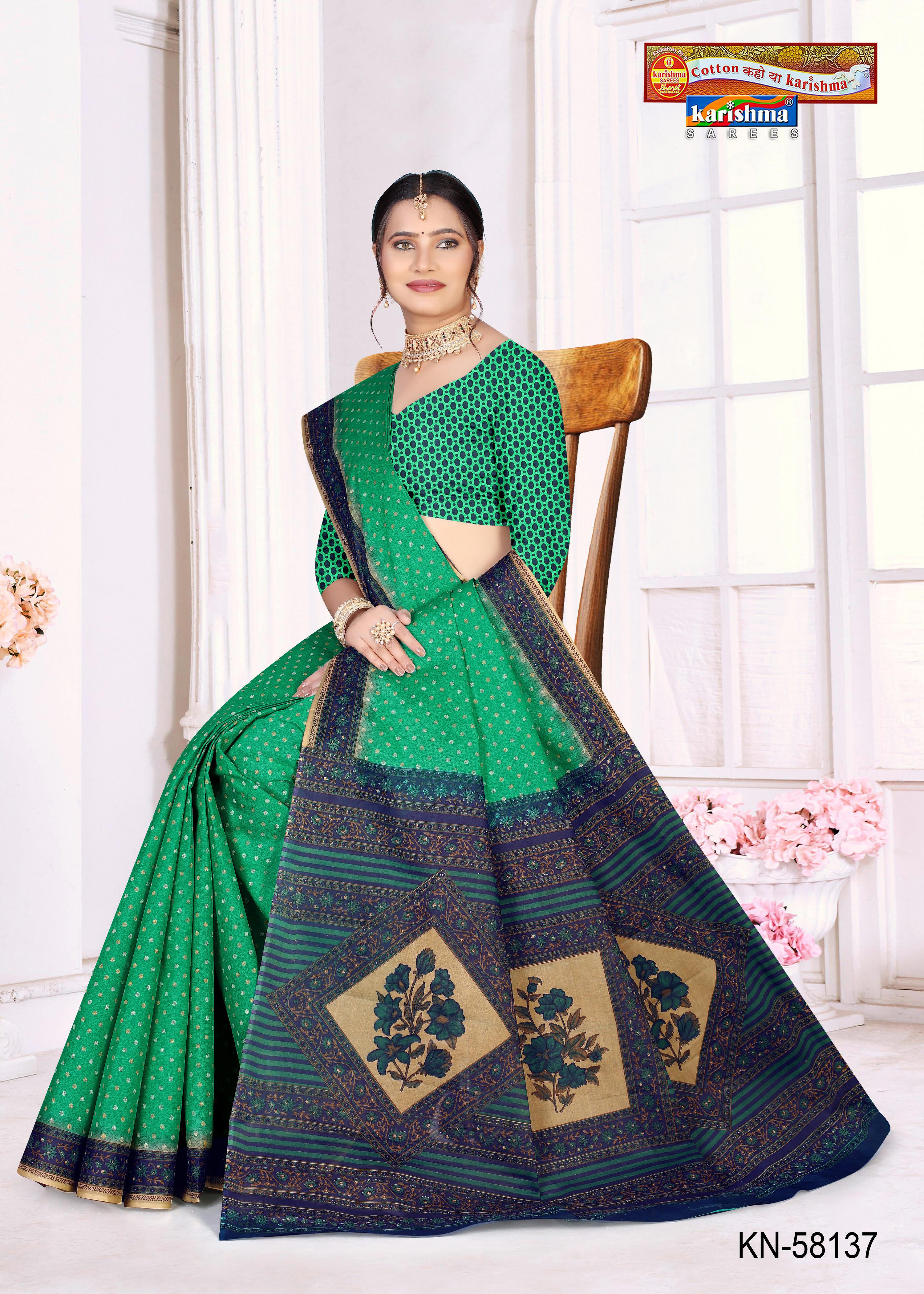 Green Pure Cotton Mulmul (Medium Soft) Saree With Small Checks Design And Floral Border