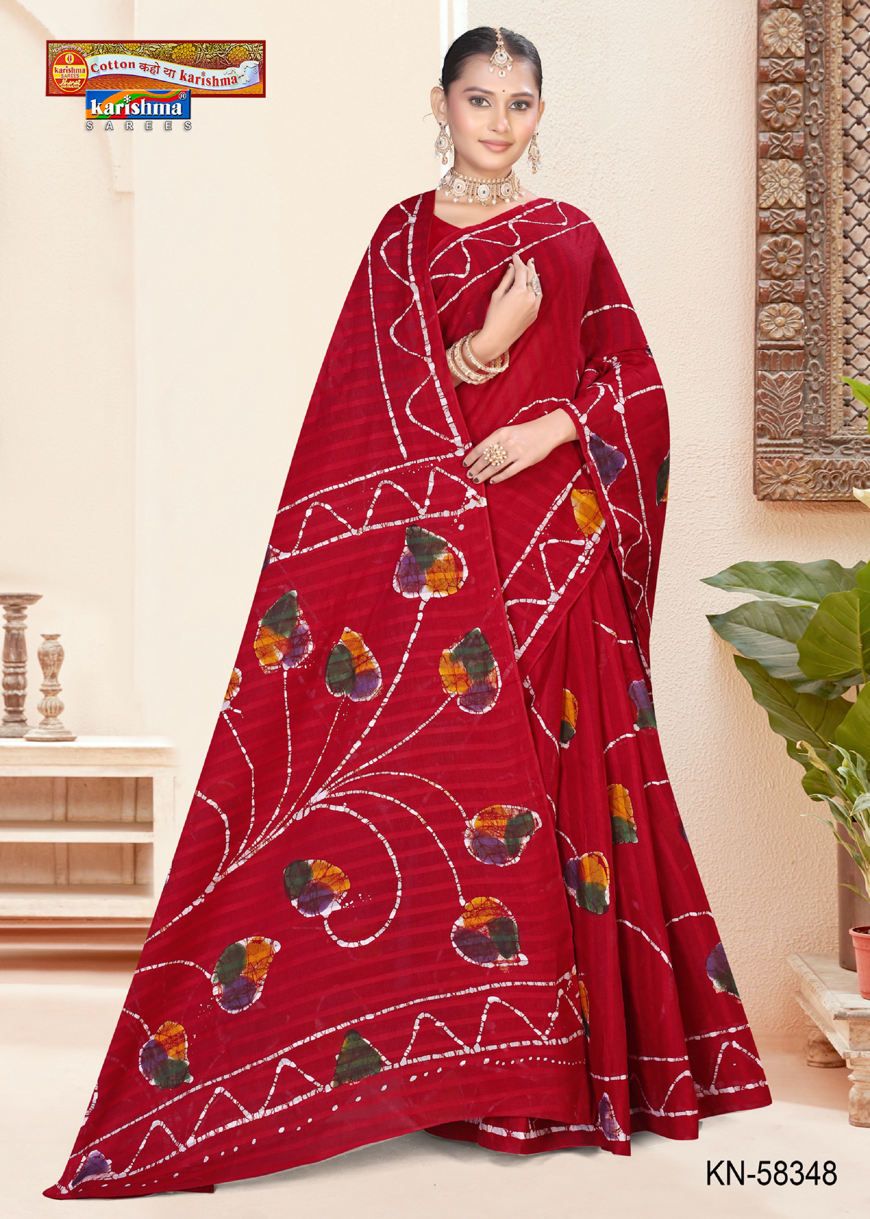 Red Pure Cotton Mulmul (medium Soft) Saree With Batik Print
