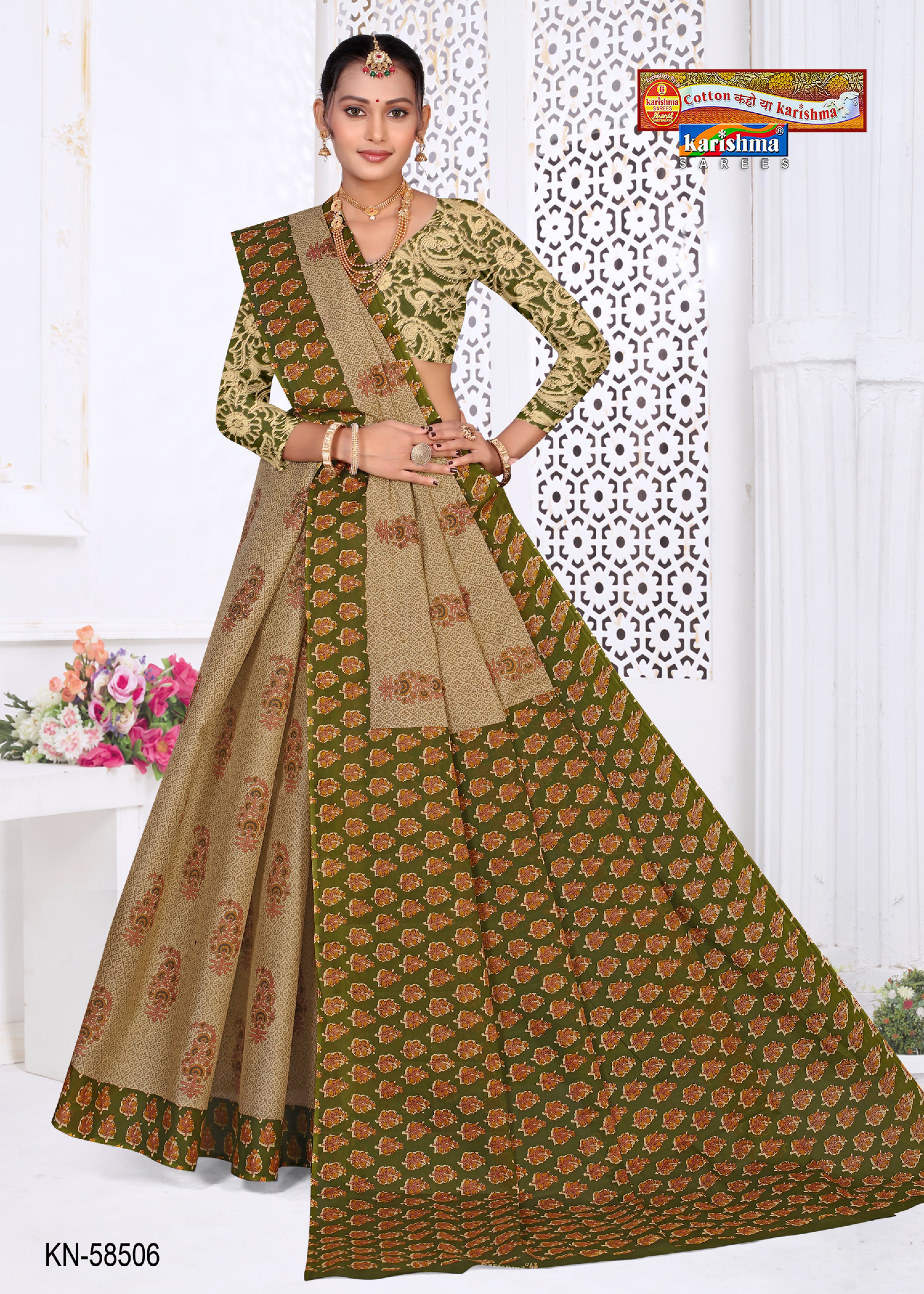 Green Pure Cotton Mulmul (Stiff) Saree With Modern Floral Design And Beautiful Border
