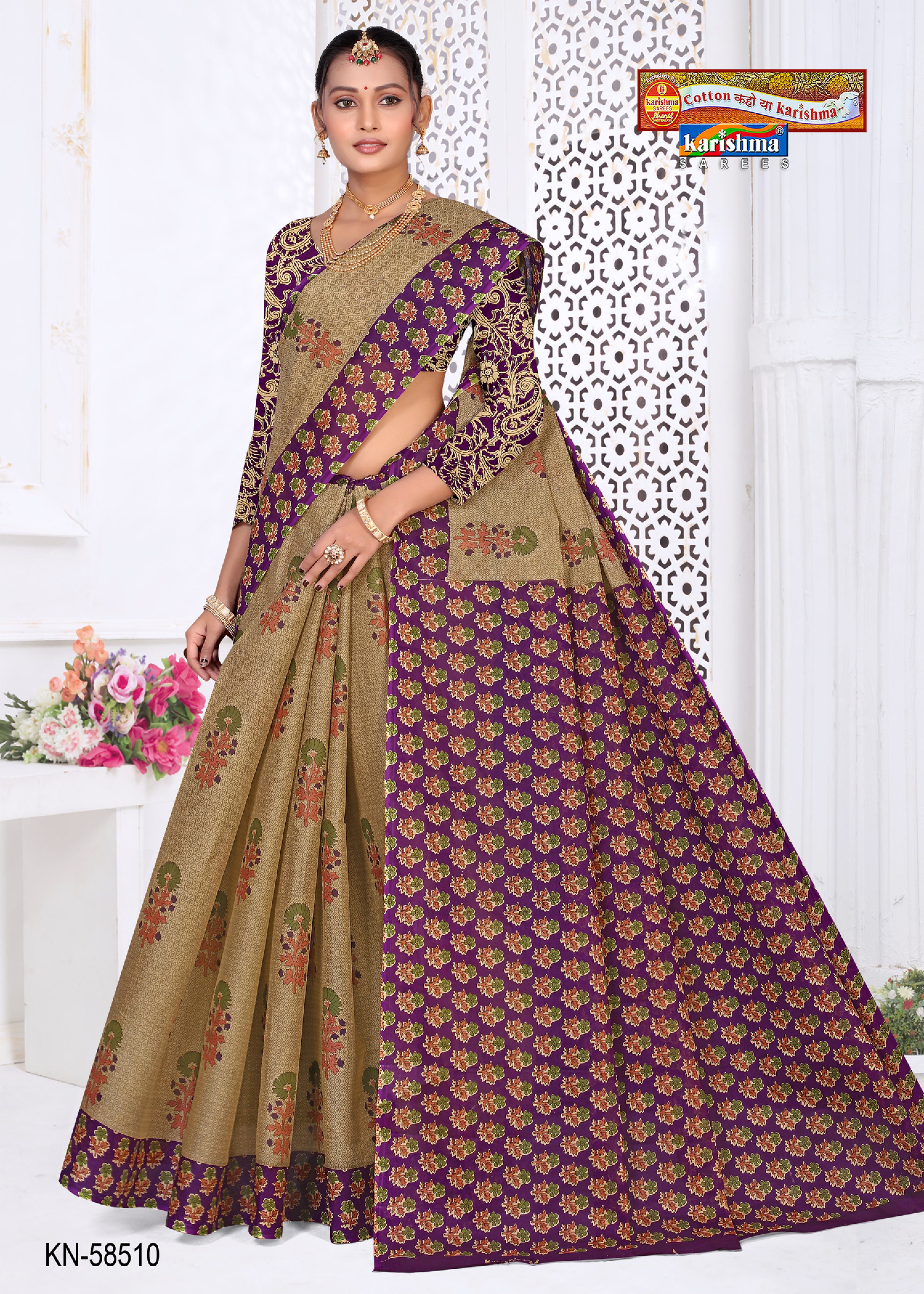 Purple Pure Cotton Mulmul (Stiff) Saree With Modern Floral Design And Beautiful Border