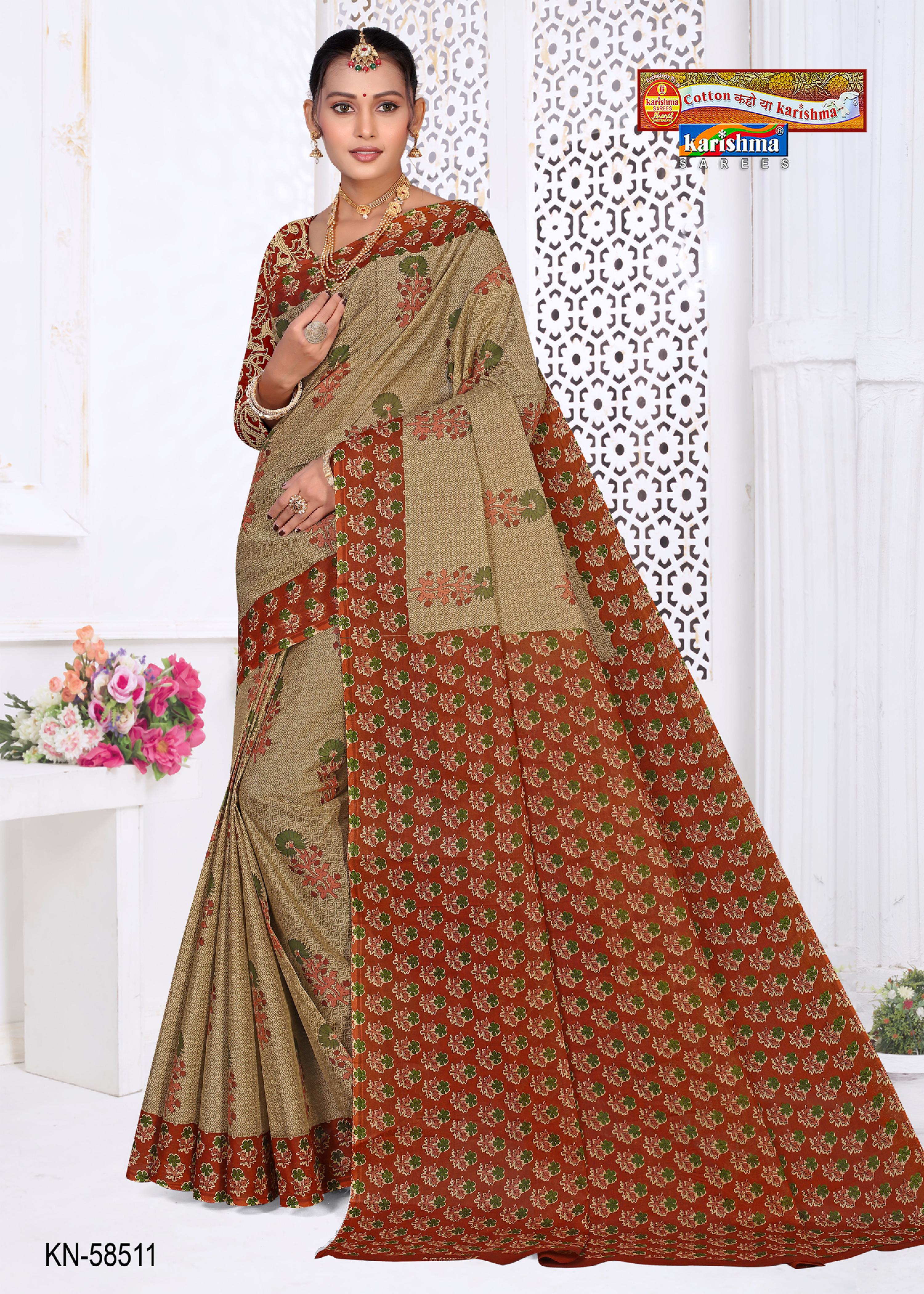 Brown Pure Cotton Mulmul (Stiff) Saree With Modern Floral Design And Beautiful Border