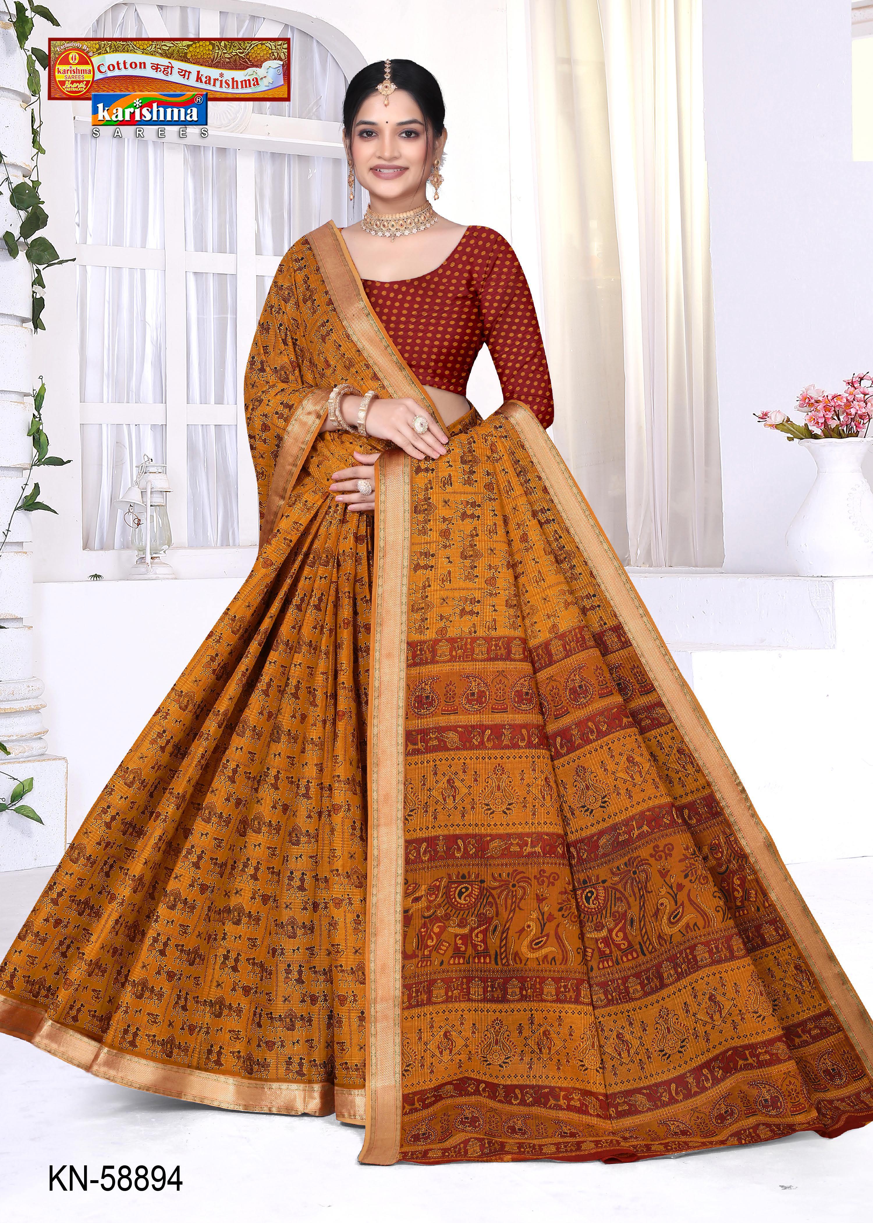 Yellow Pure Cotton Mulmul (Medium Soft) Saree With Warli Print And Golden Border
