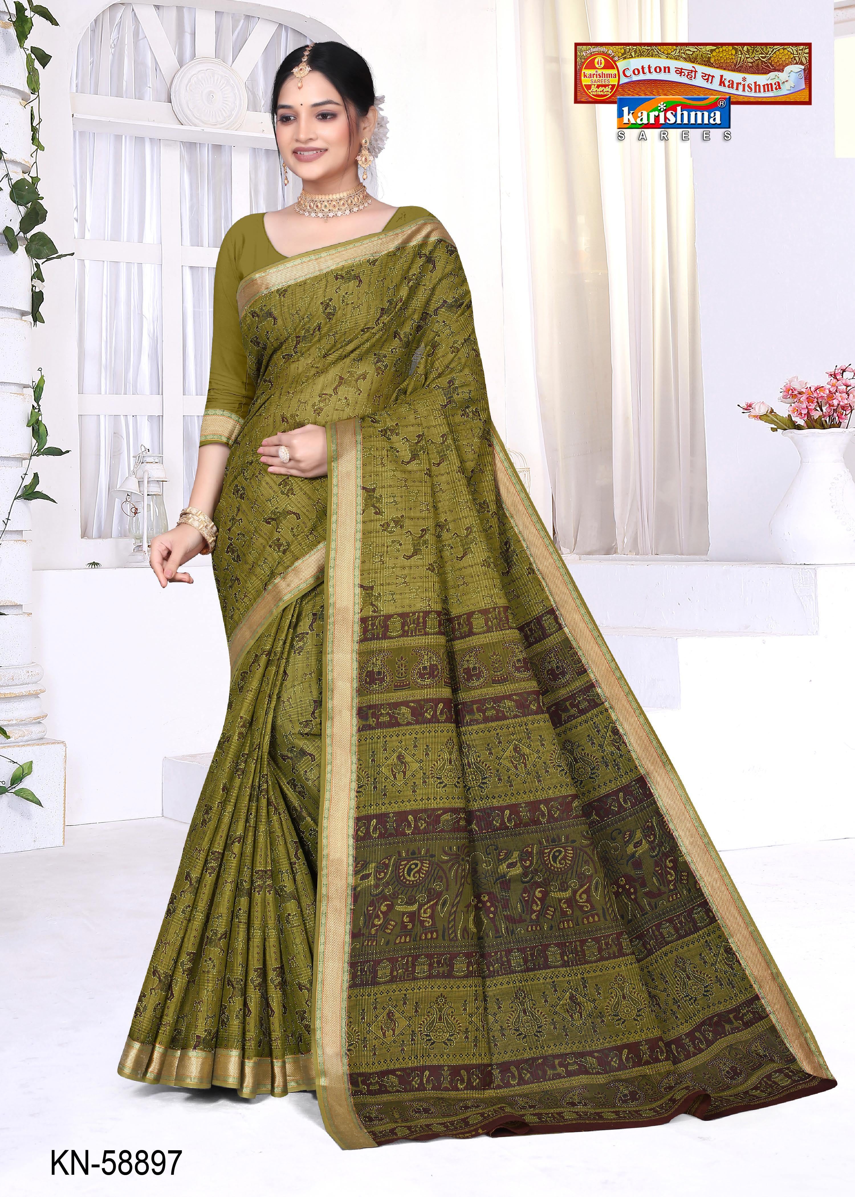 Olive Pure Cotton Mulmul (Medium Soft) Saree With Warli Print And Golden Border