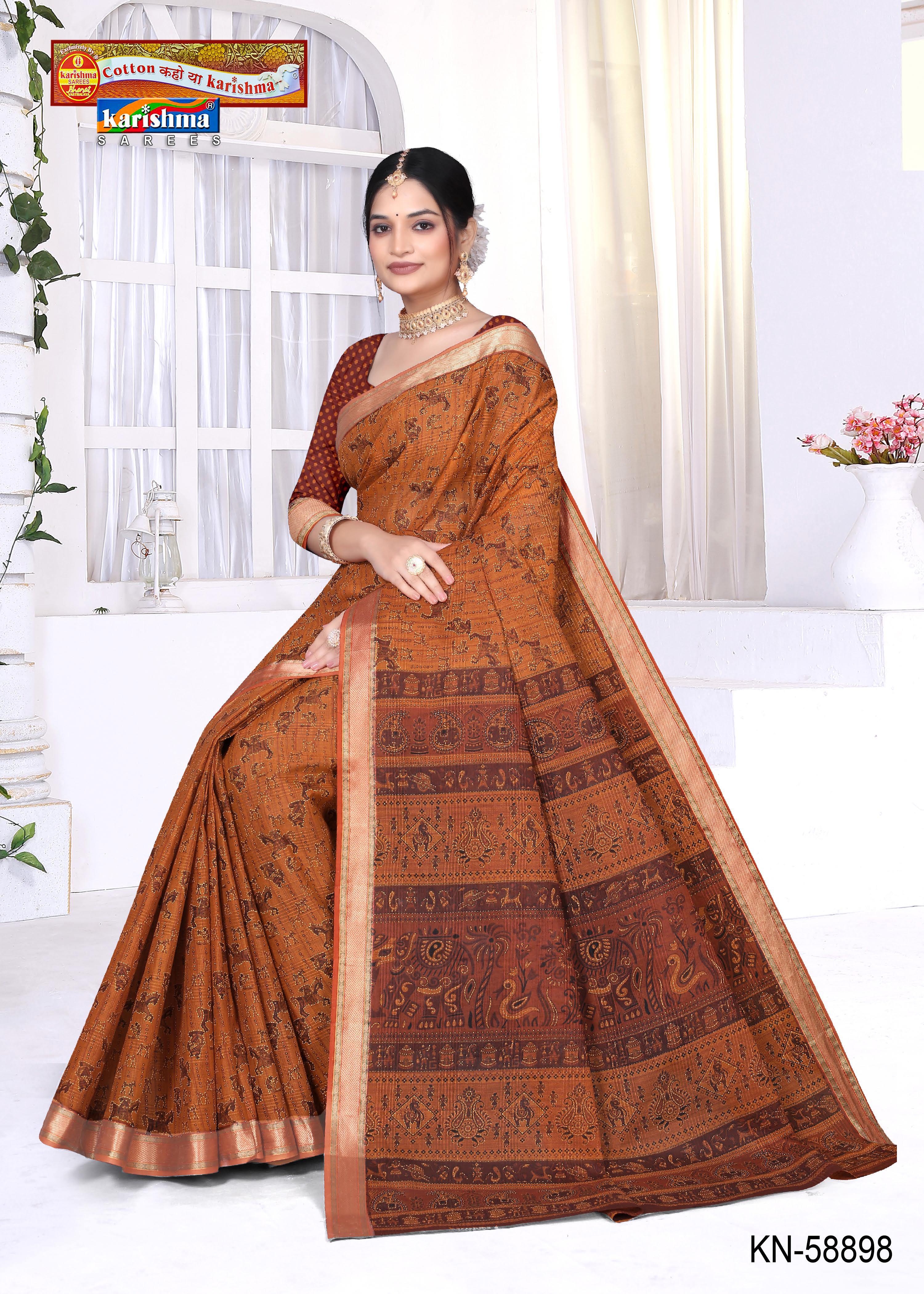 Orange Pure Cotton Mulmul (Medium Soft) Saree With Warli Print And Golden Border