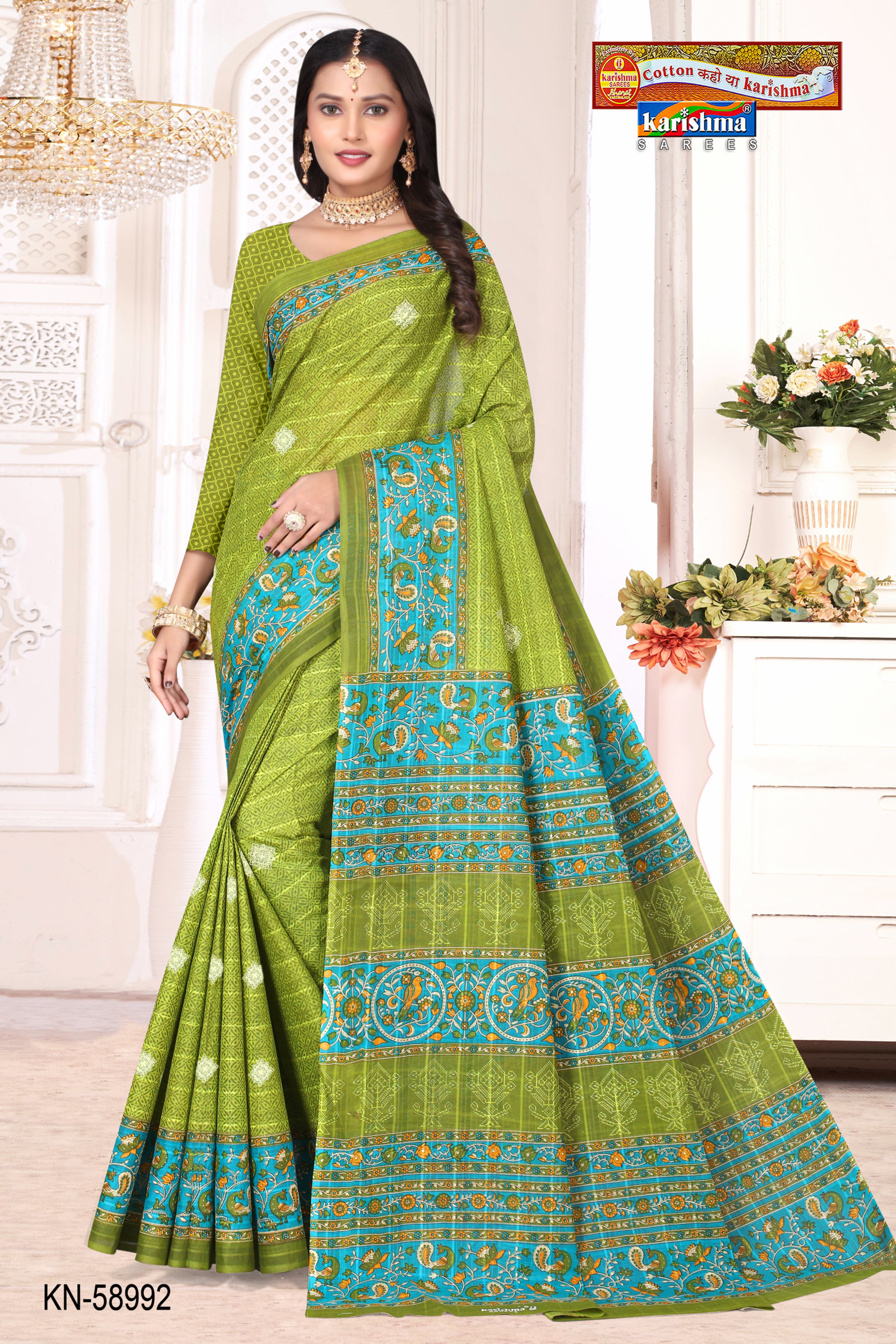 Olive Pure Cotton Mulmul (Medium Soft) Saree With Simple Butti Print And Peacock Print On The Border