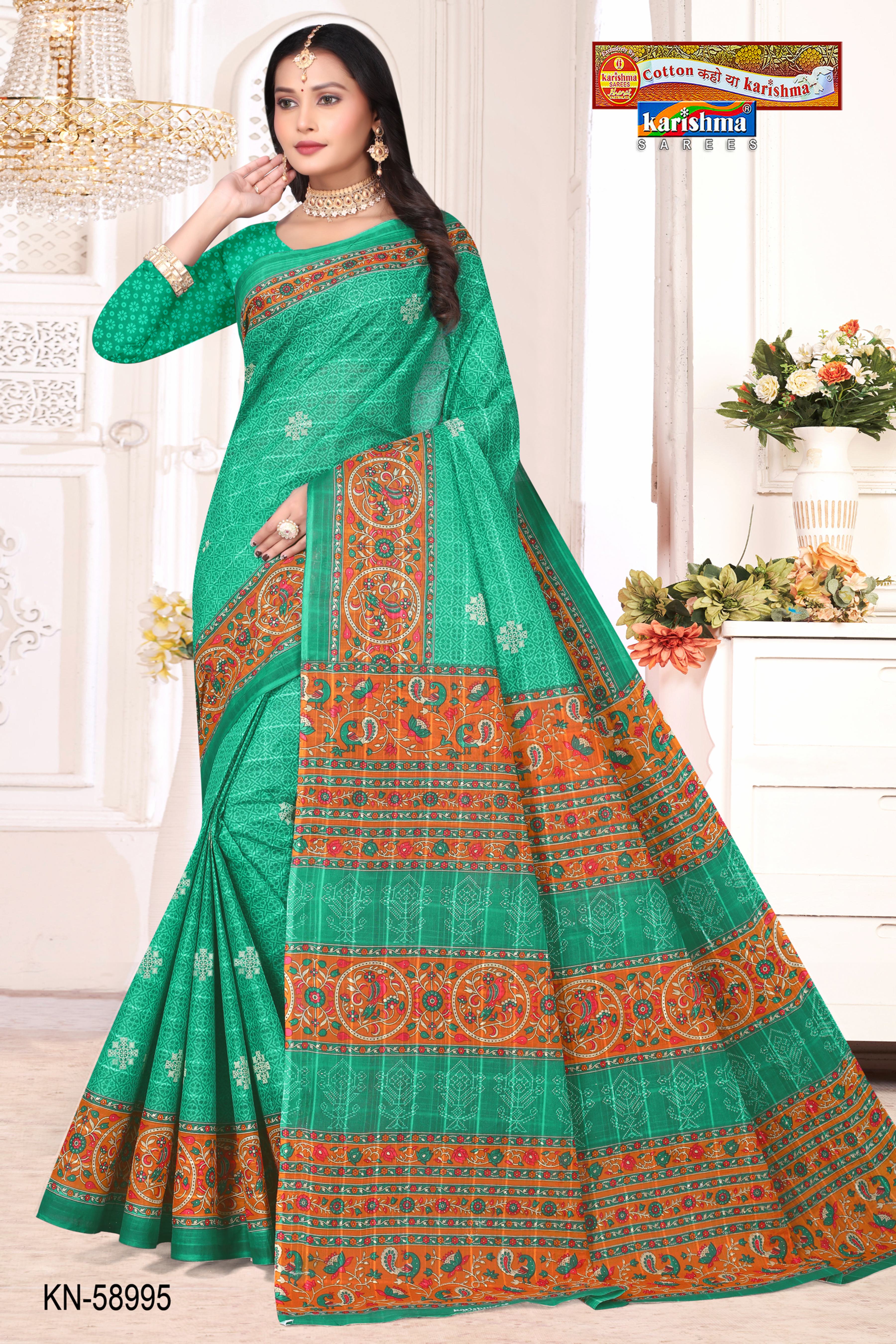 Green Pure Cotton Mulmul (Medium Soft) Saree With Simple Butti Print And Peacock Print On The Border