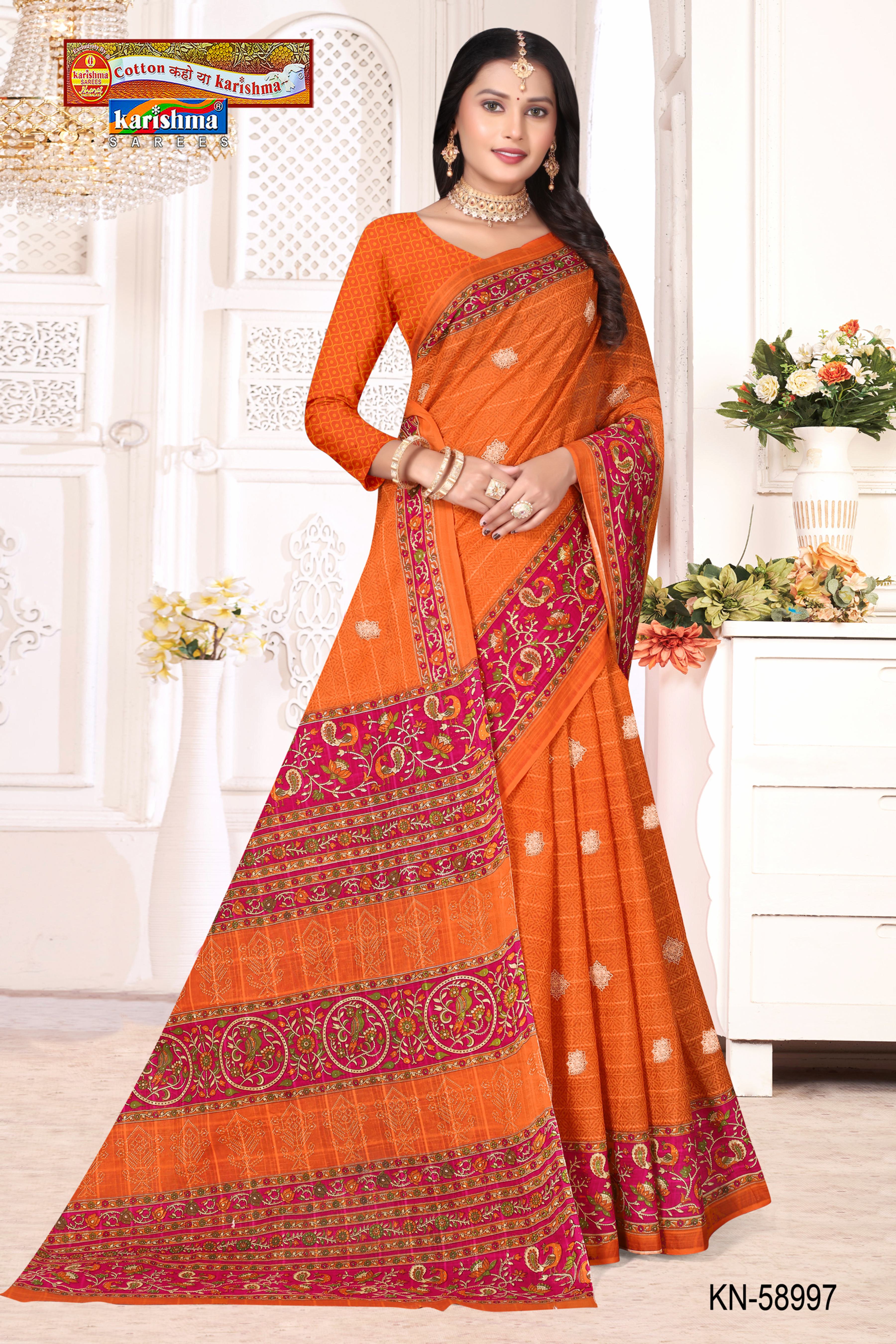 Orange Pure Cotton Mulmul (Medium Soft) Saree With Simple Butti Print And Peacock Print On The Border