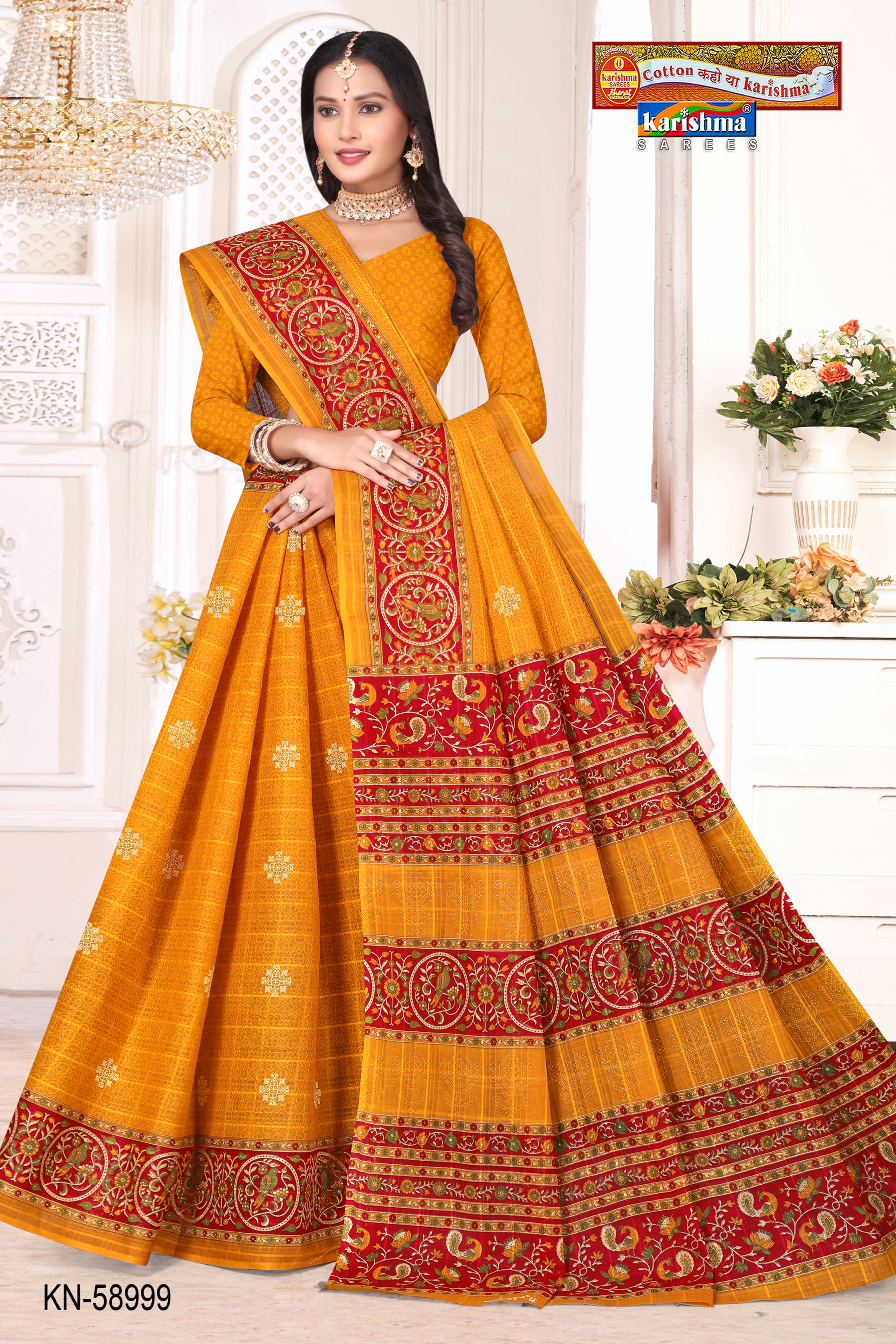 Yellow Pure Cotton Mulmul (Medium Soft) Saree With Simple Butti Print And Peacock Print On The Border