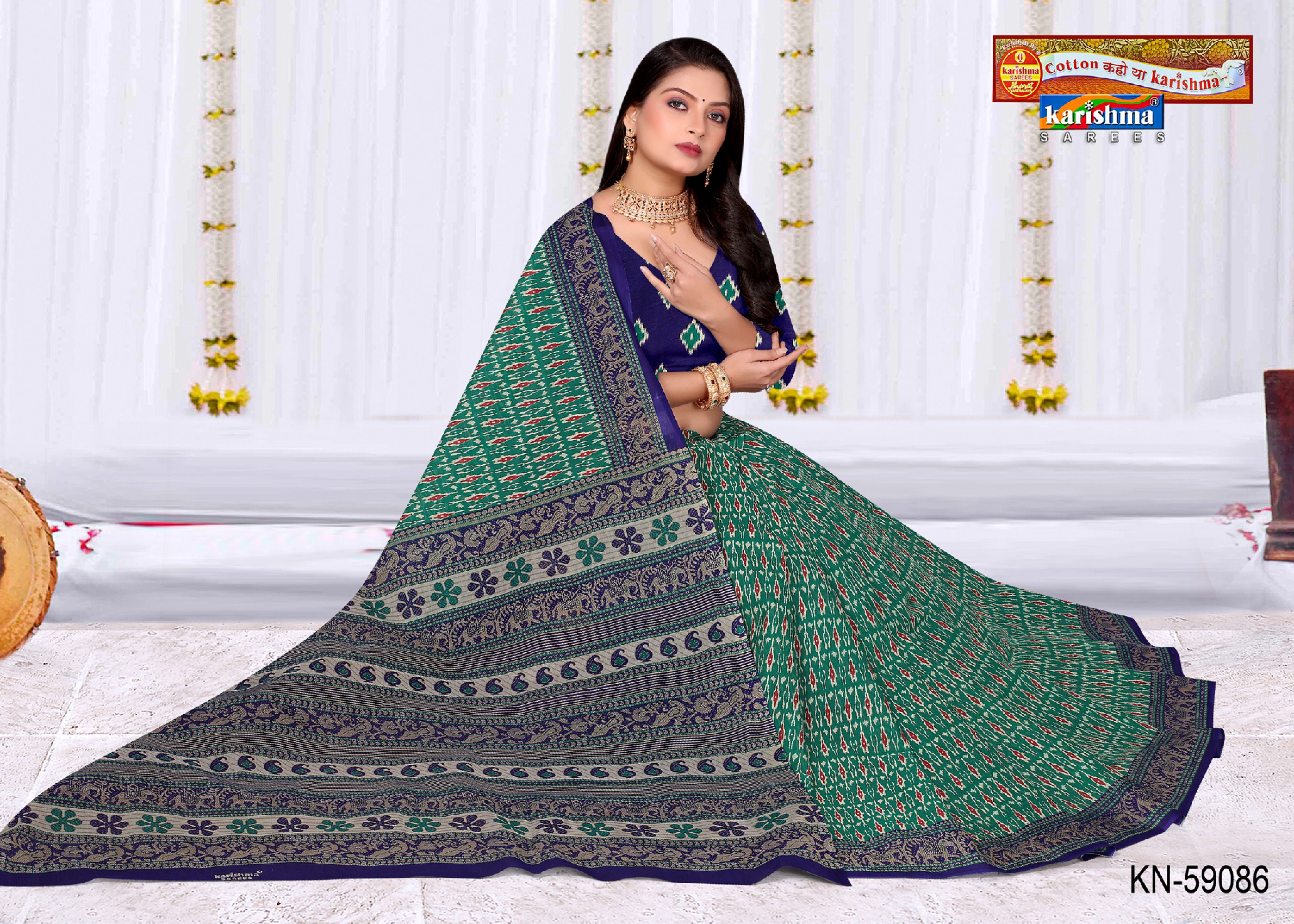 Green Pure Cotton Mulmul (Soft) Saree With Ikat Design And Elephant Border