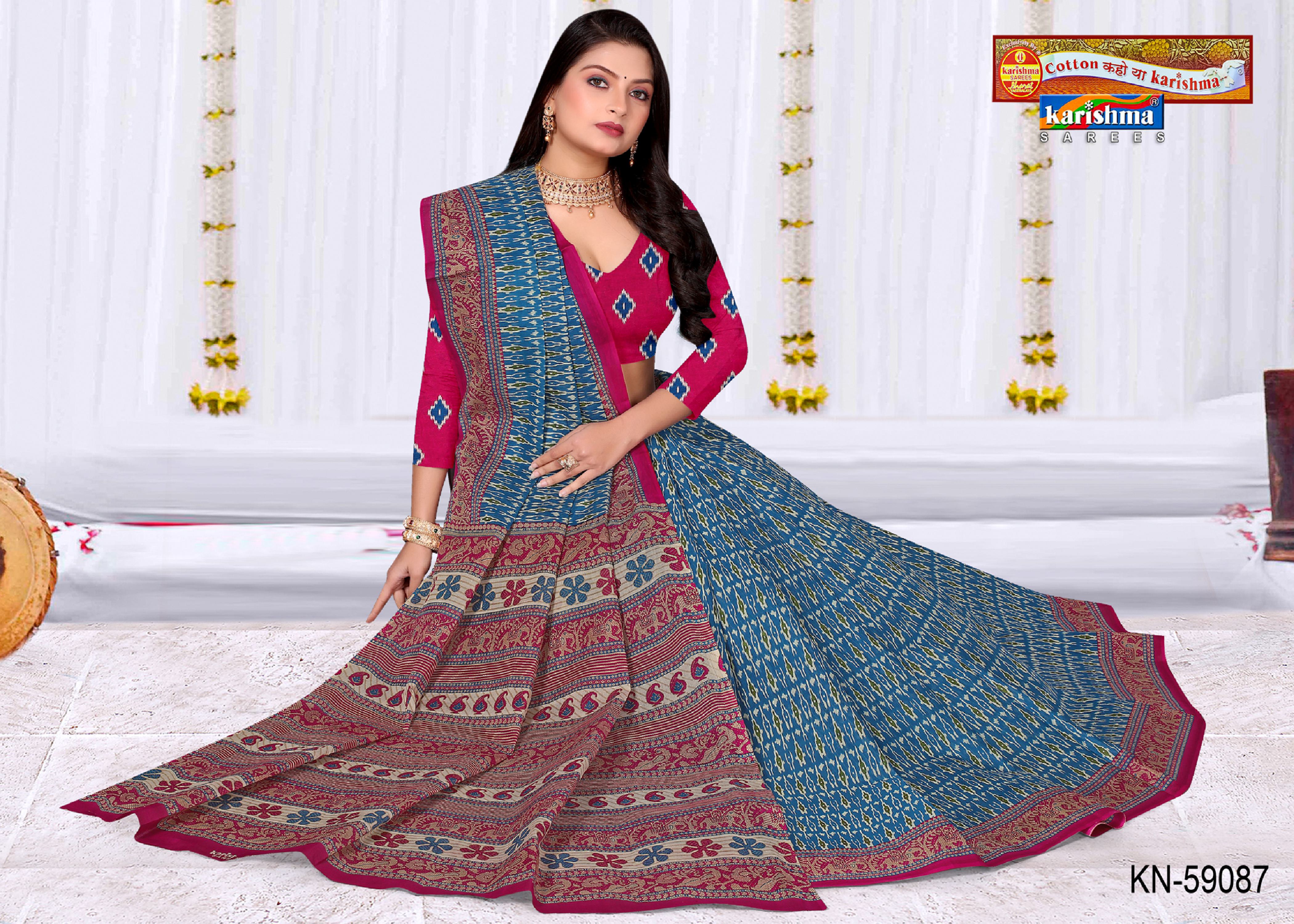 Blue Pure Cotton Mulmul (Soft) Saree With Ikat Design And Elephant Border