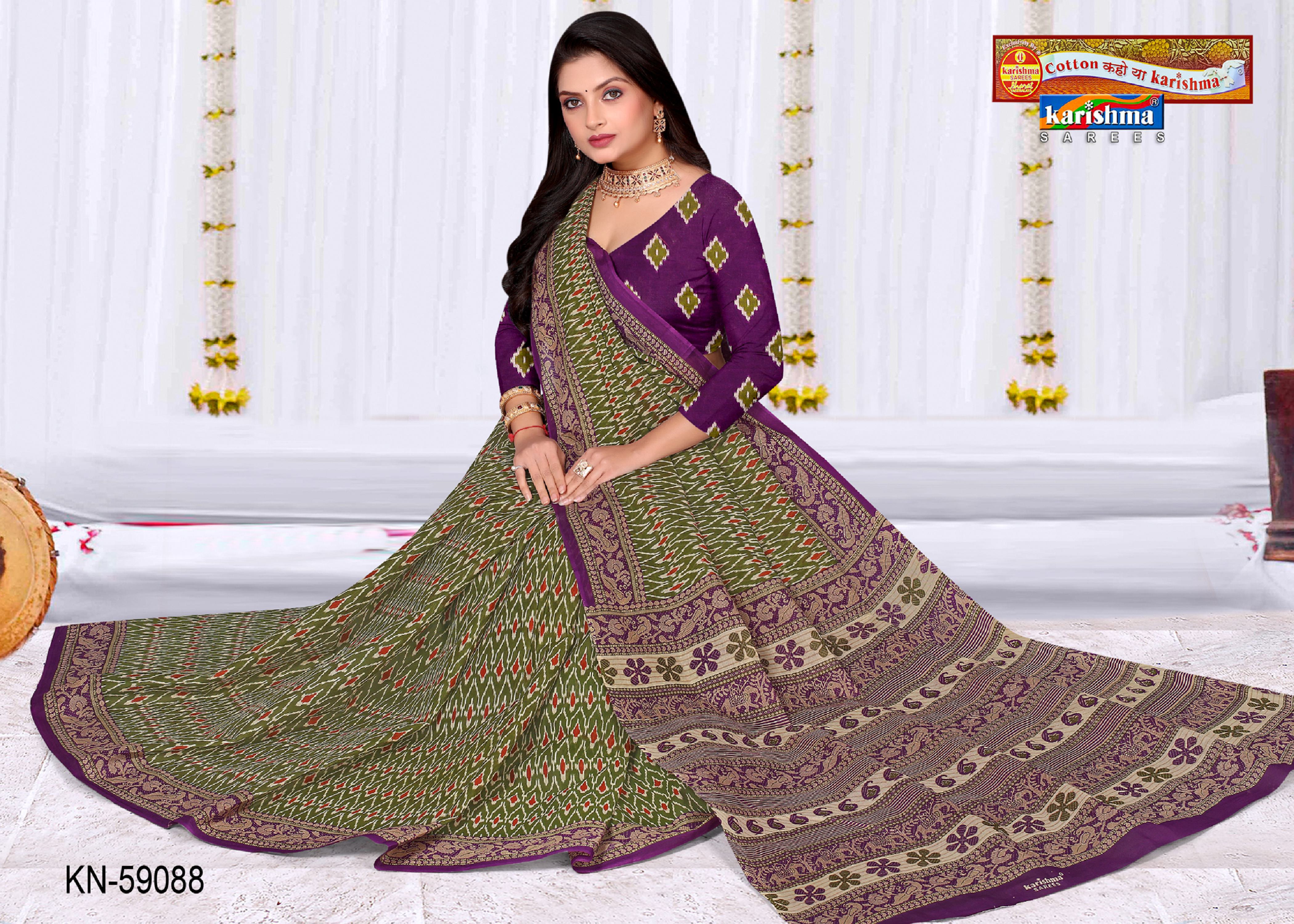 Olive Pure Cotton Mulmul (Soft) Saree With Ikat Design And Elephant Border