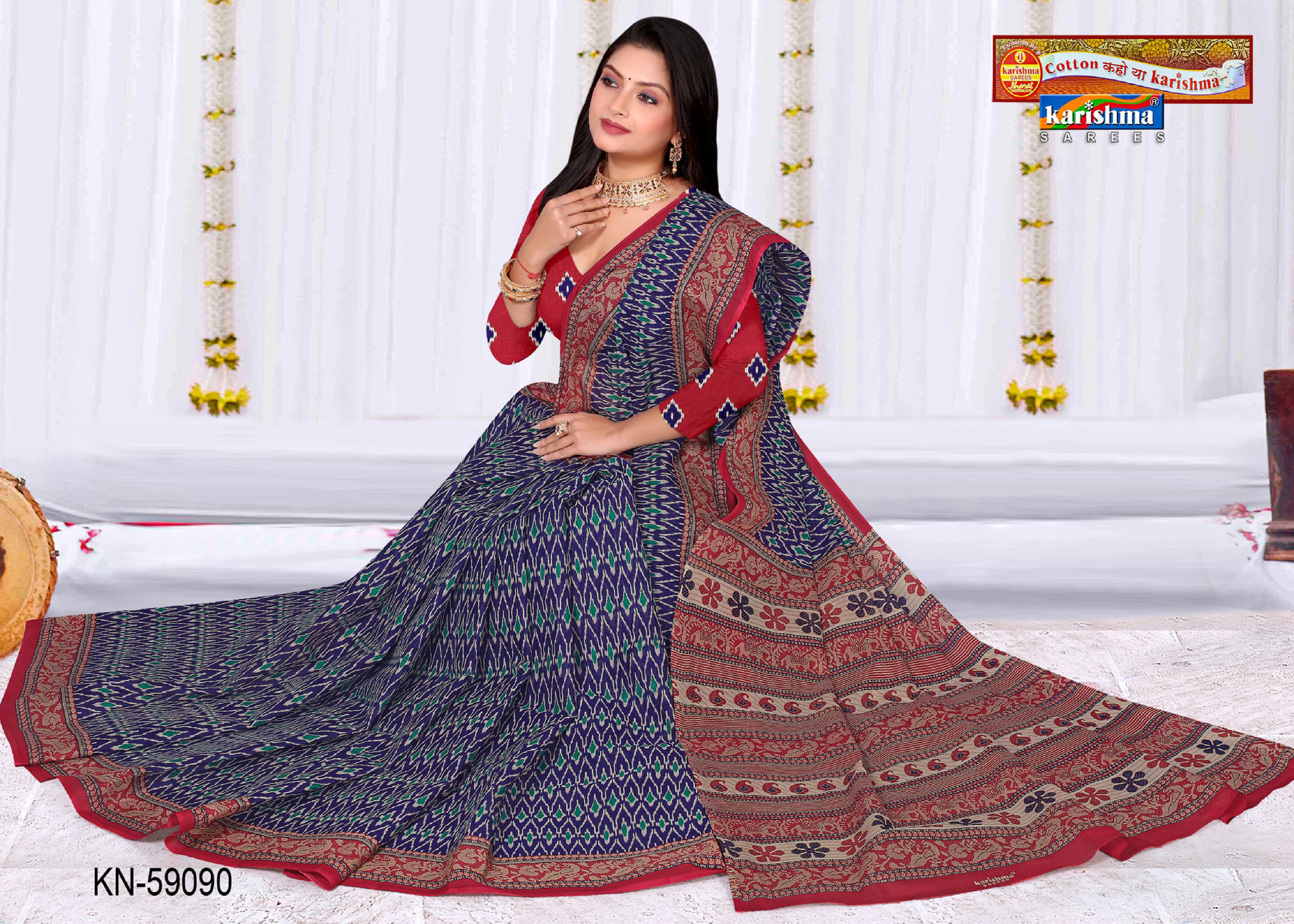 Navy Blue Pure Cotton Mulmul (Soft) Saree With Ikat Design And Elephant Border
