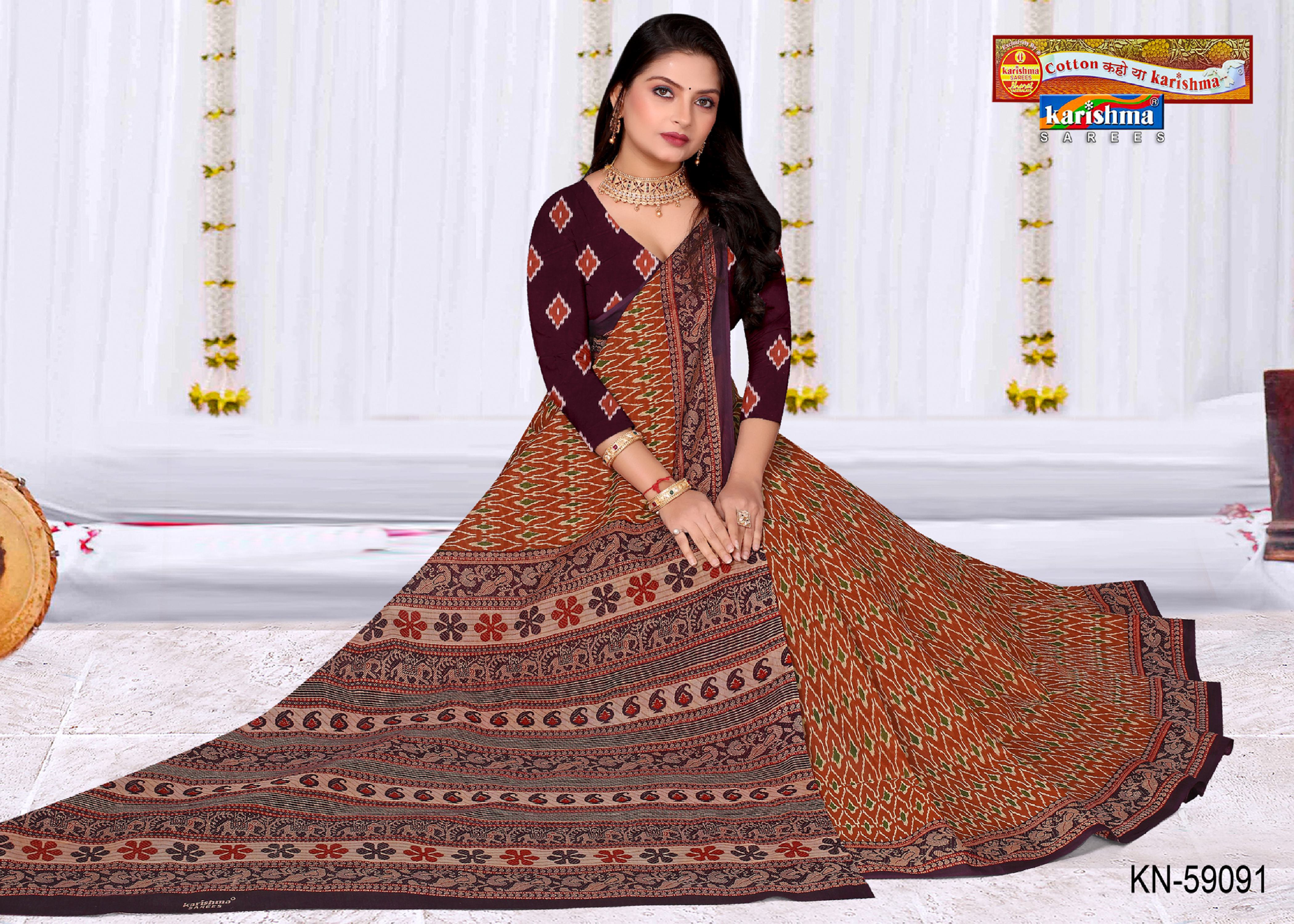 Brown Pure Cotton Mulmul (Soft) Saree With Ikat Design And Elephant Border