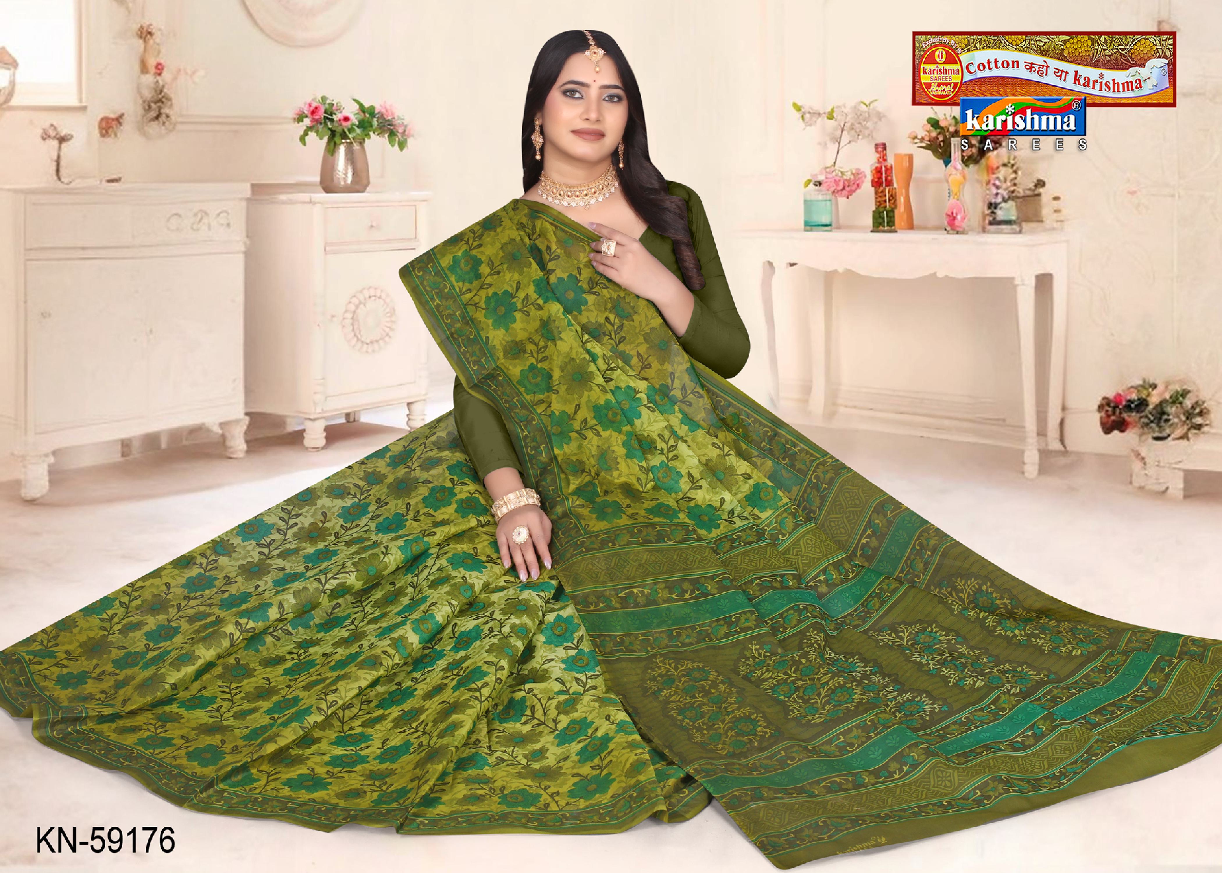 Olive Pure Cotton Mulmul (Stiff) Saree With Big Floral Print On Saree And Border