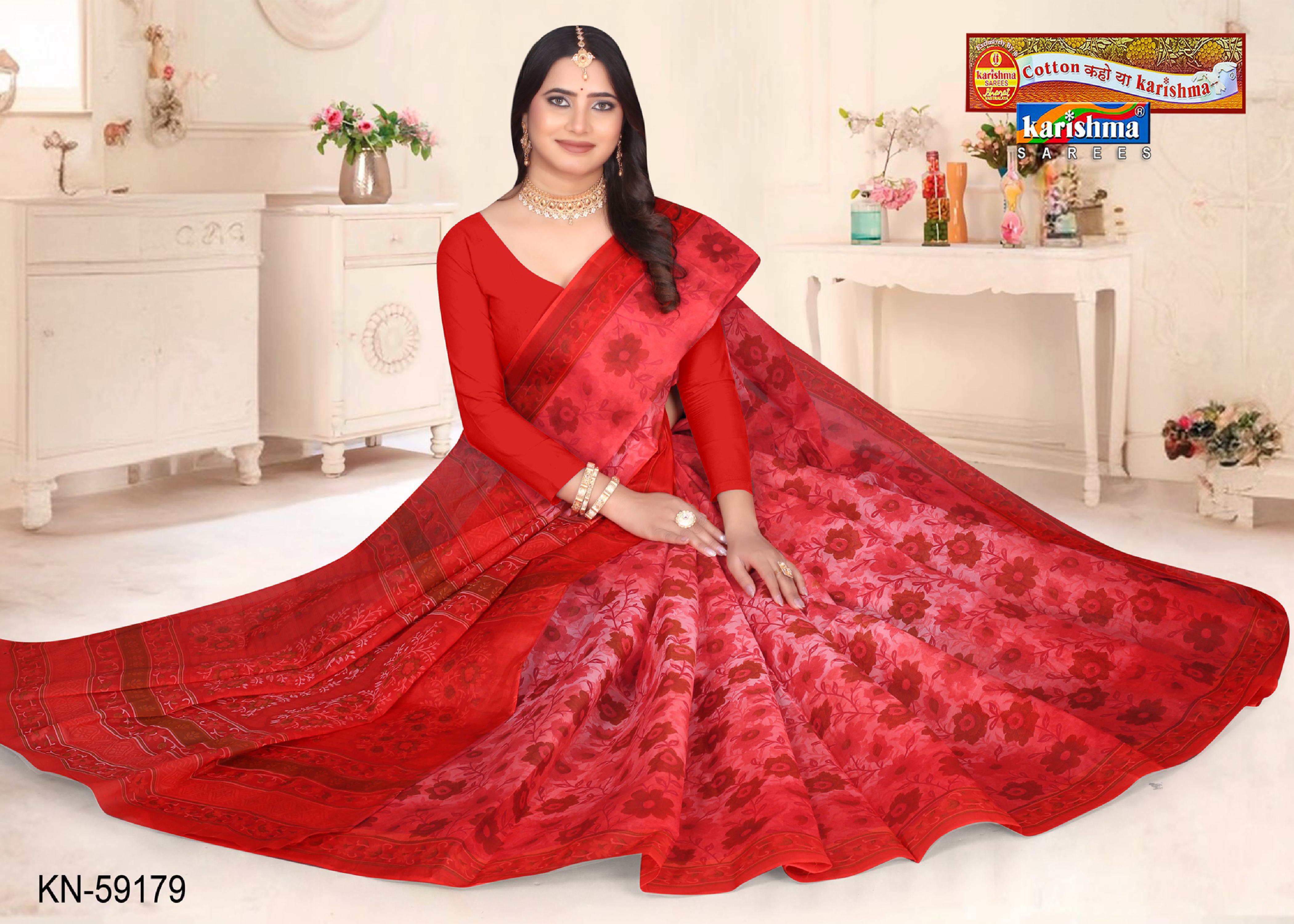 Cherry Red Pure Cotton Mulmul (Stiff) Saree With Big Floral Print On Saree And Border
