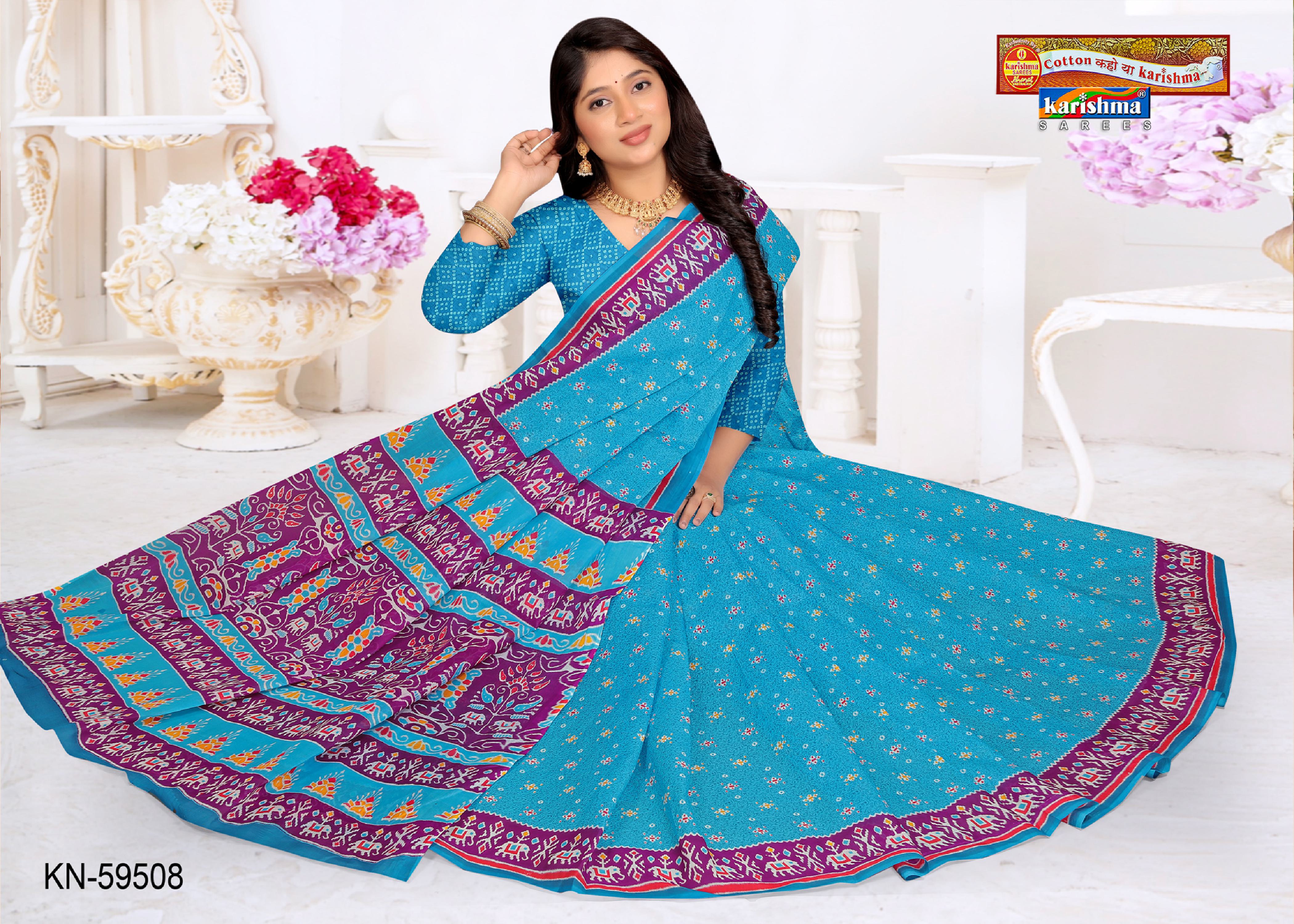 Sky Blue Pure Cotton Mulmul (Medium Soft) Saree With Animal Print Patola