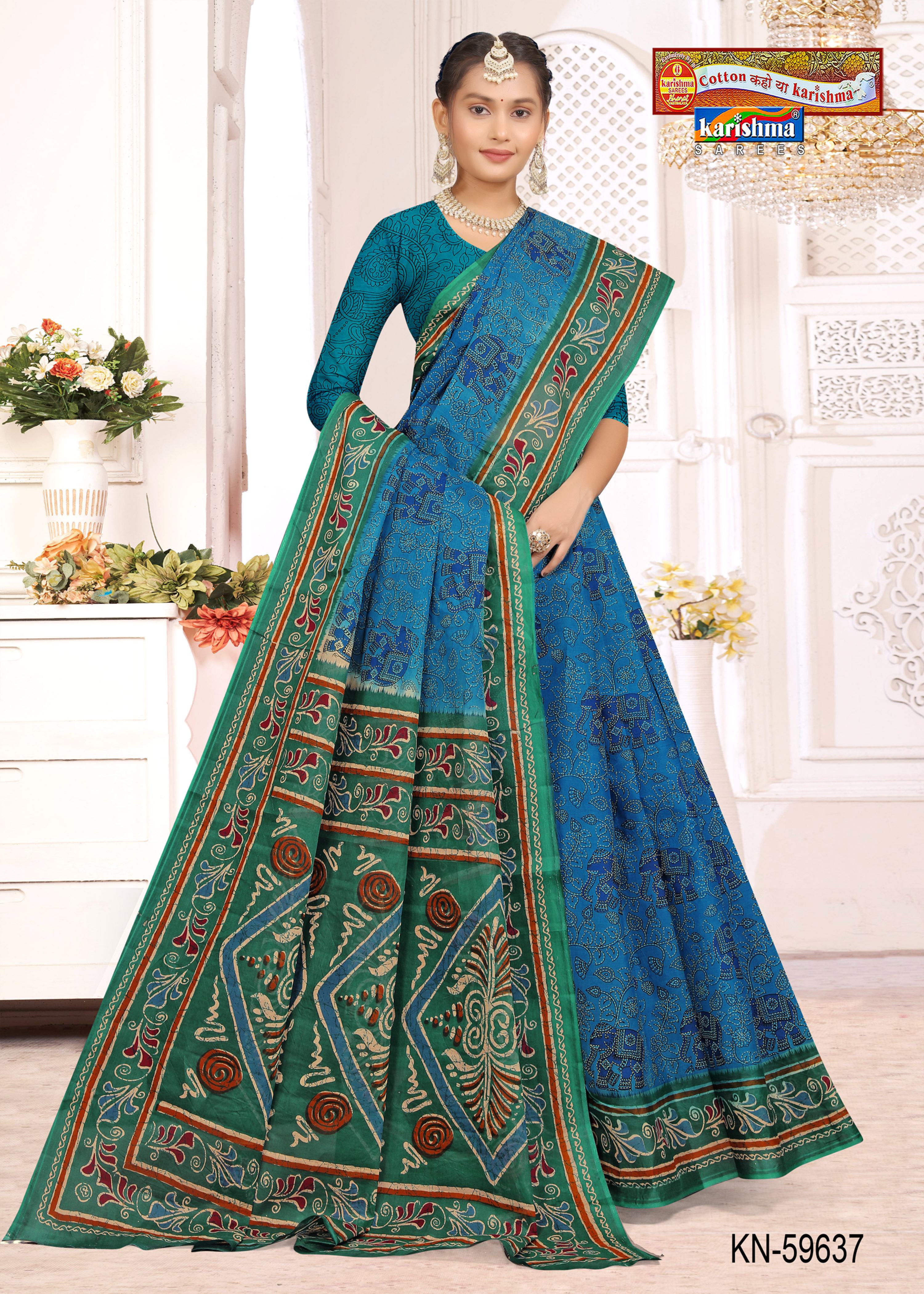Blue Pure Cotton Mulmul (Medium Soft) Saree With Elephant Print And Batik Border