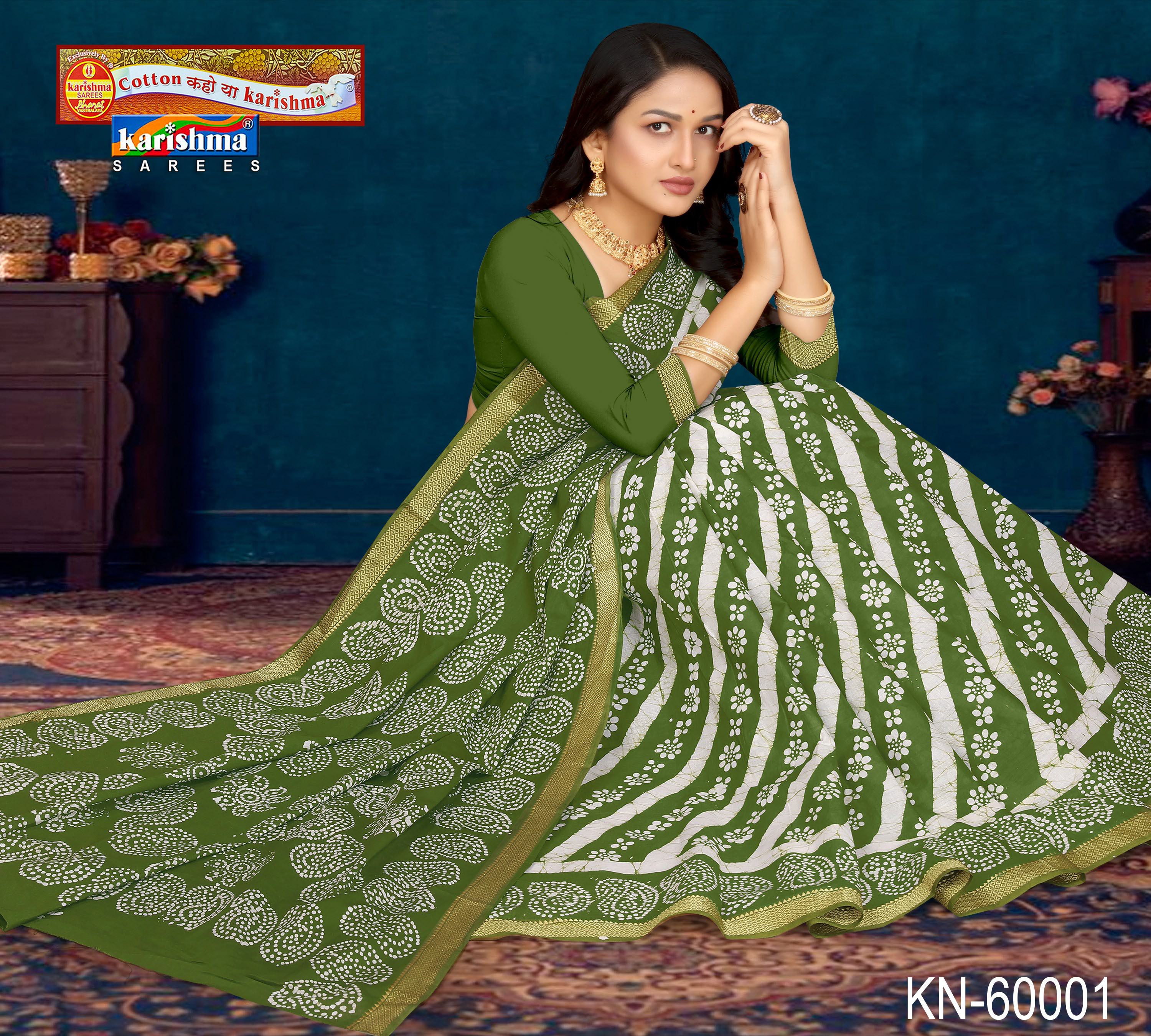 Olive Pure Cotton Malai (Soft) Saree With Traditional Leheriya & Batique Design
