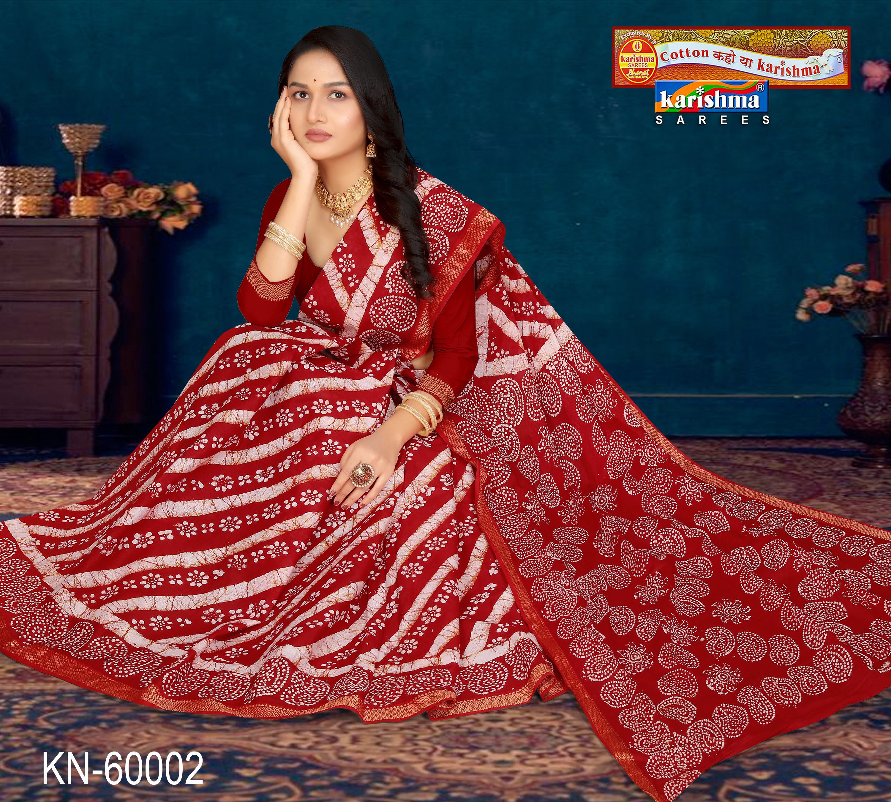 Red Pure Cotton Malai (Soft) Saree With Traditional Leheriya & Batique Design