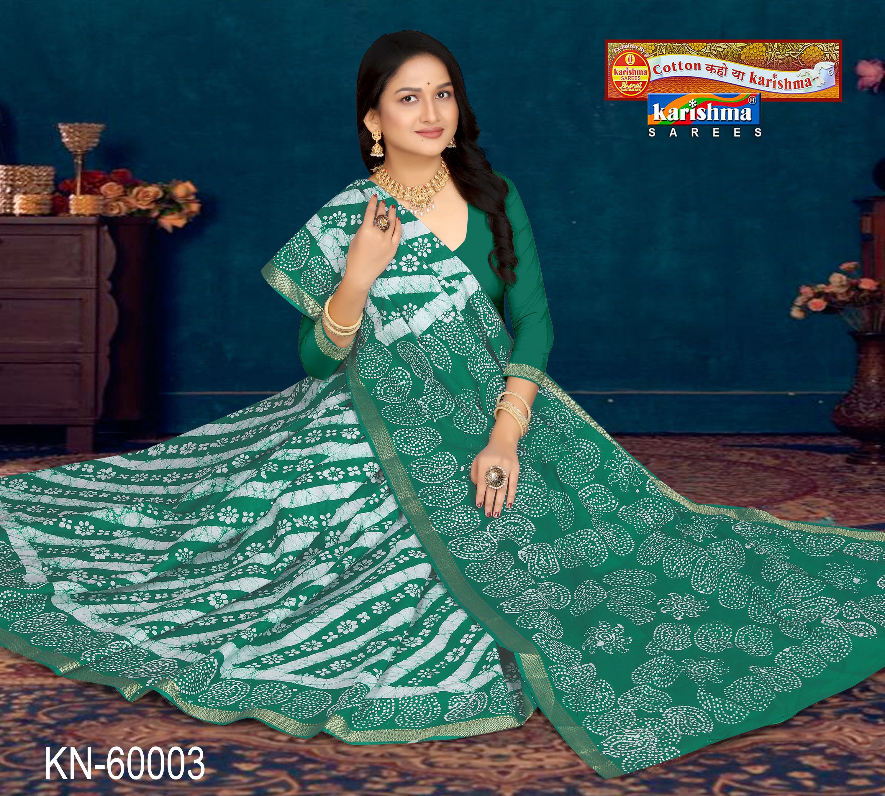 Green Pure Cotton Malai (Soft) Saree With Traditional Leheriya & Batique Design