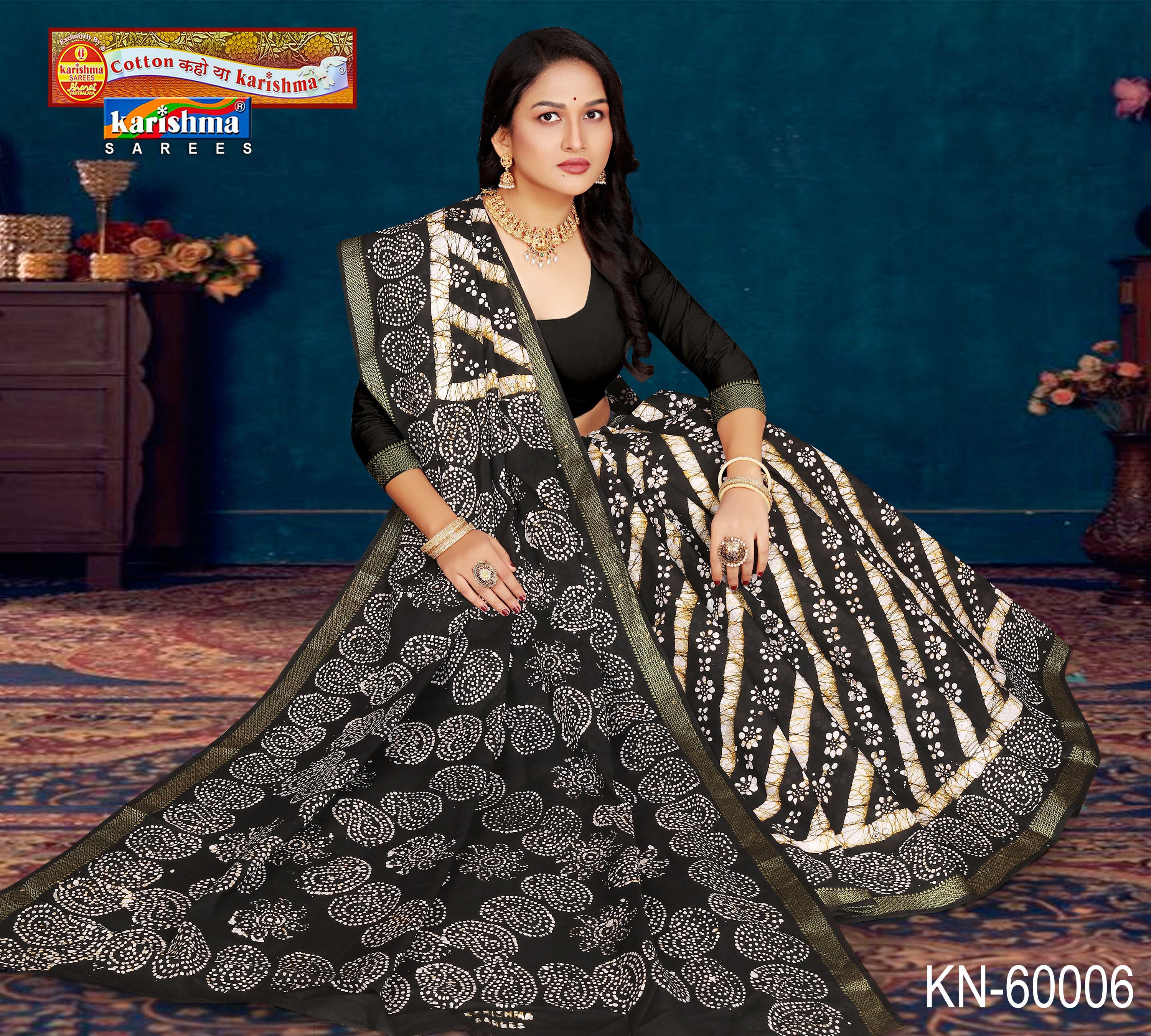 Black Pure Cotton Malai (Soft) Saree With Traditional Leheriya & Batique Design