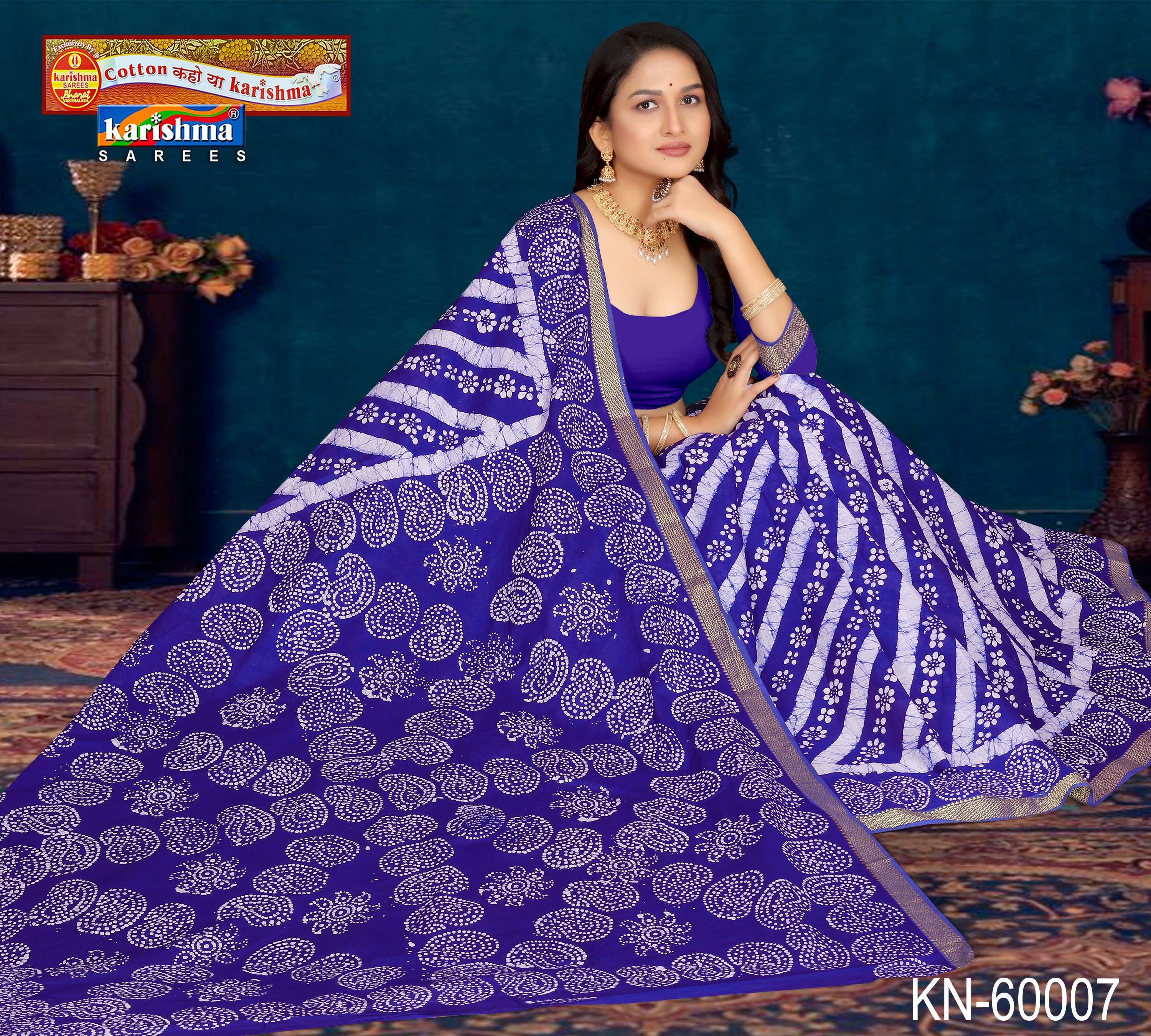 Dark Blue Pure Cotton Malai (Soft) Saree With Traditional Leheriya & Batique Design