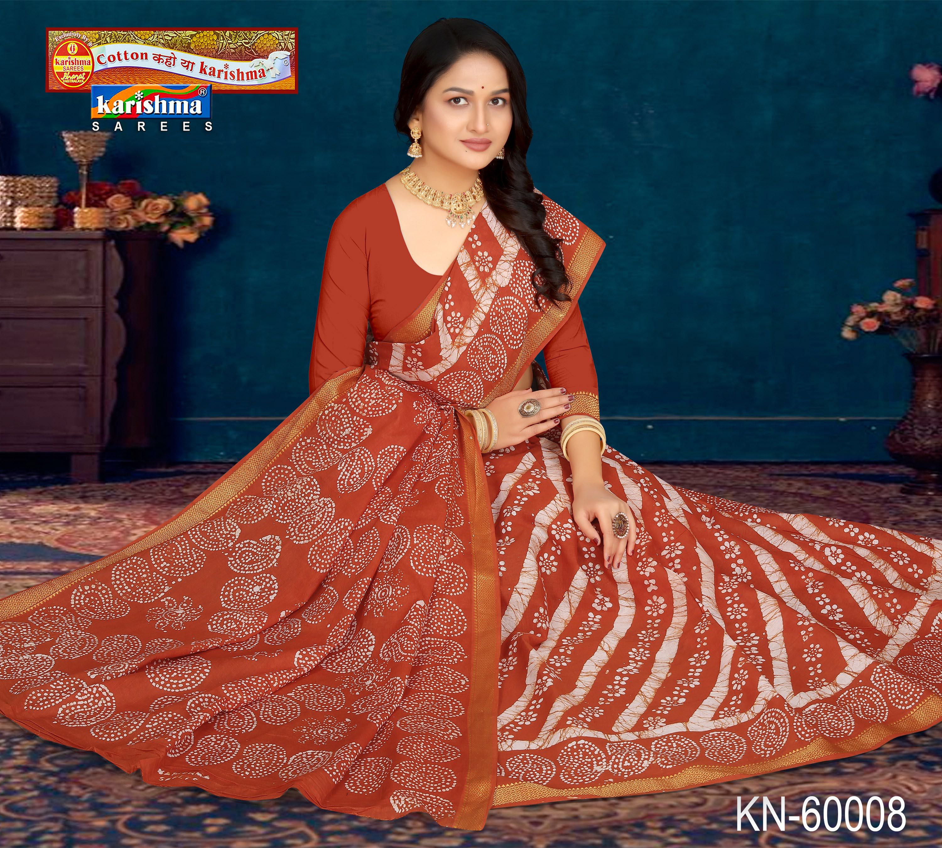 Rust Orange Pure Cotton Malai (Soft) Saree With Traditional Leheriya & Batique Design
