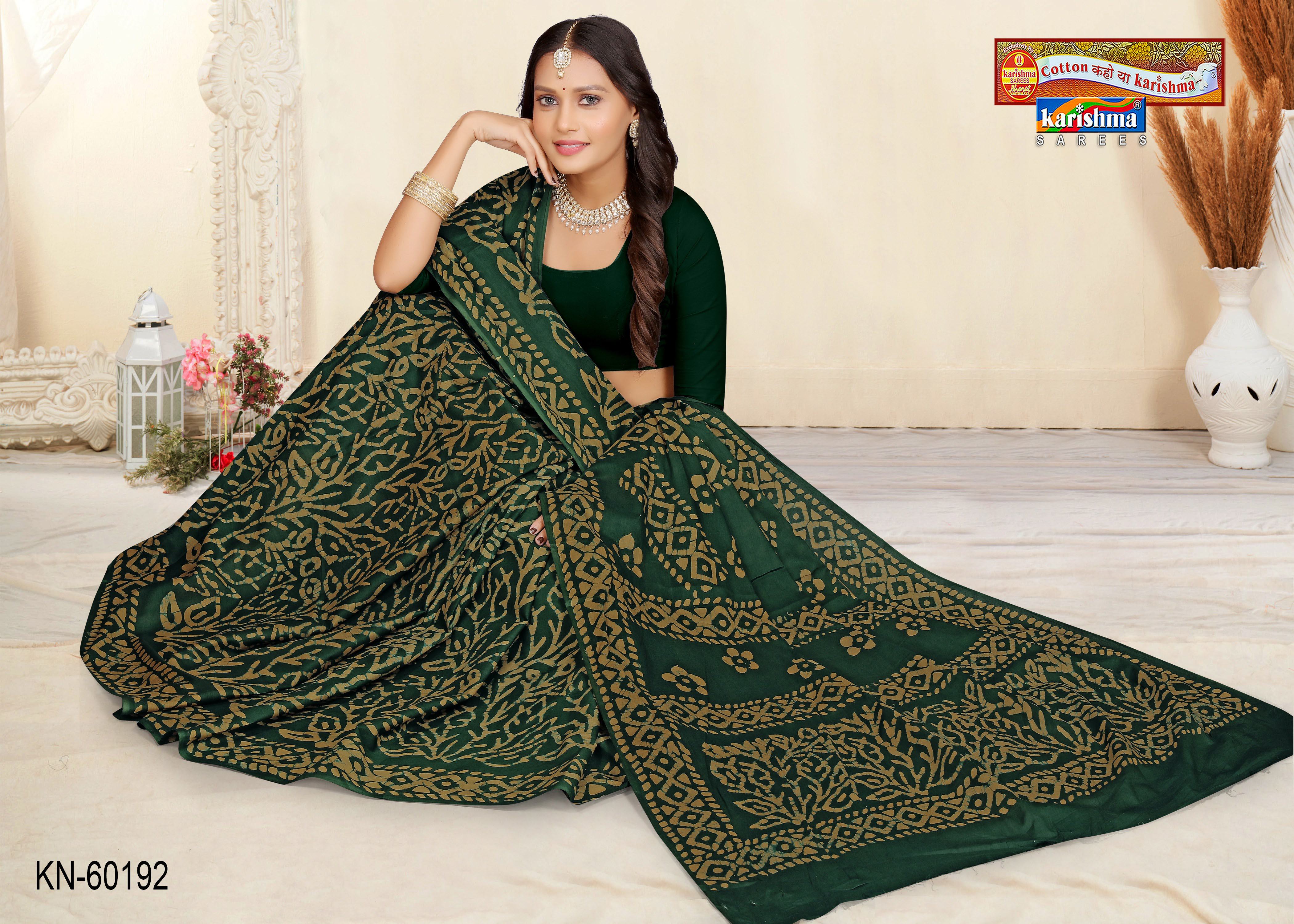 Dark Green Pure Cotton Malai (Soft) Saree With Traditional Batik Design