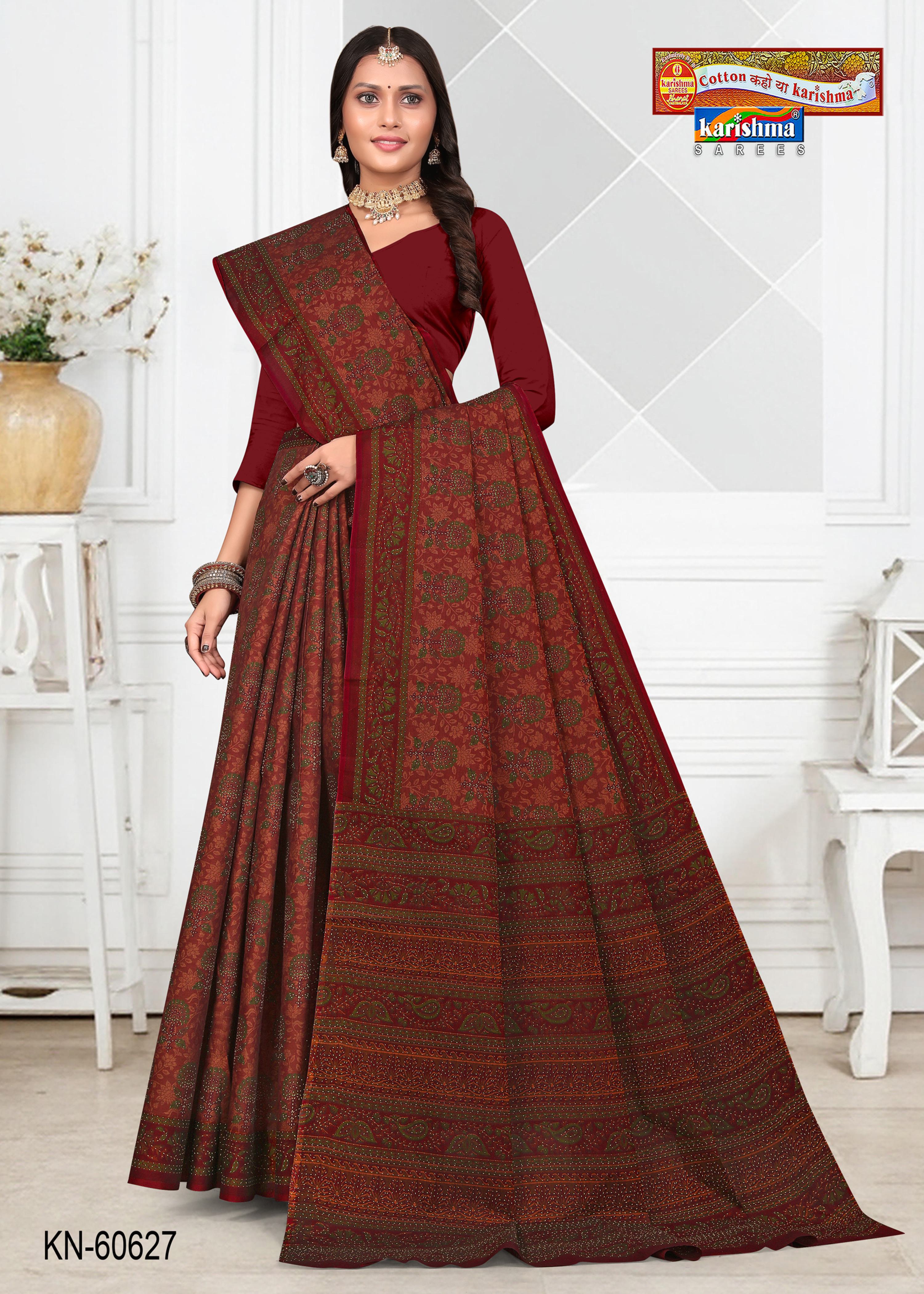 Maroon Pure Cotton Muslin (Soft) Saree With Floral Print Allover
