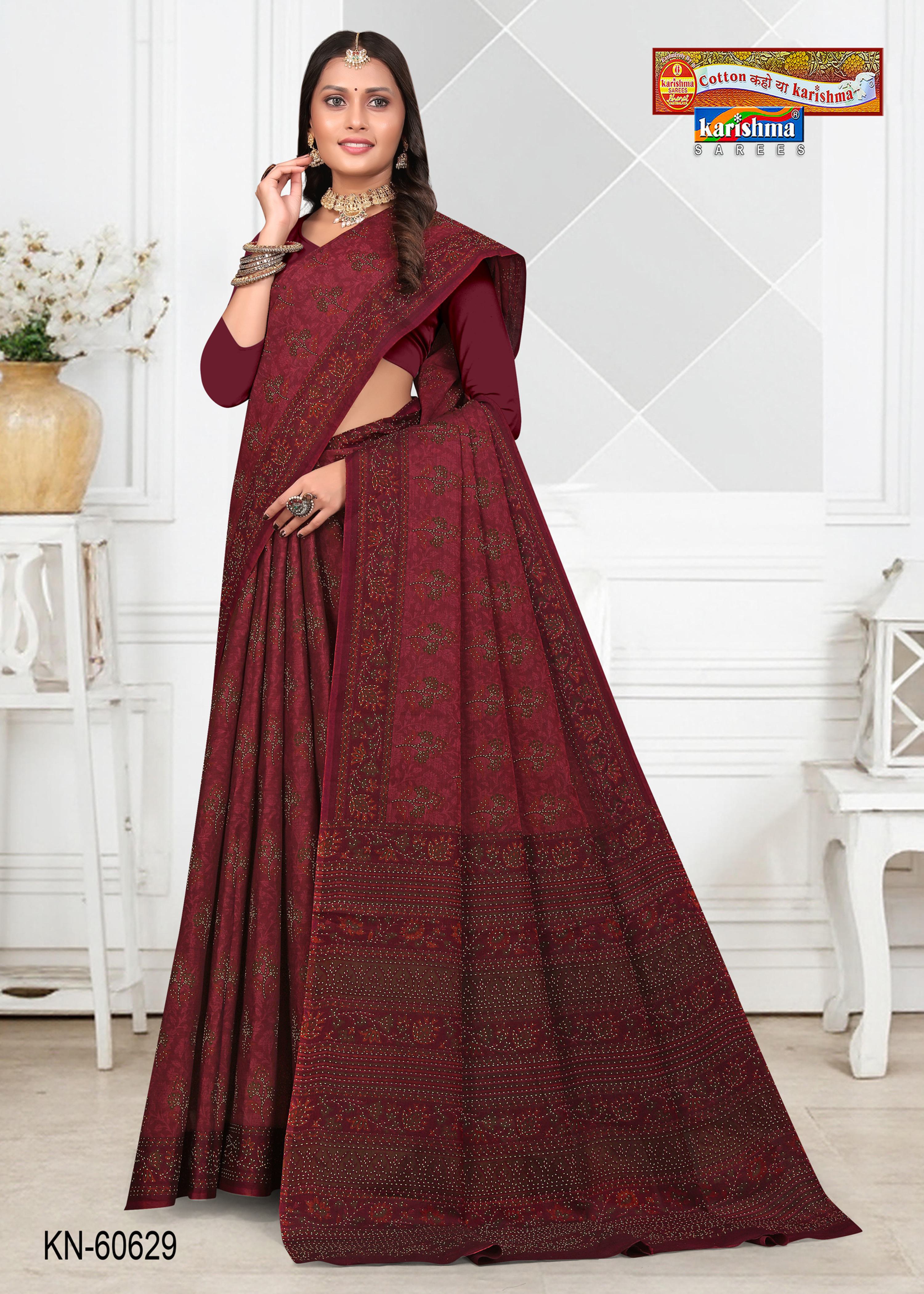 Burgundy Pure Cotton Muslin (Soft) Saree With Floral Print Allover