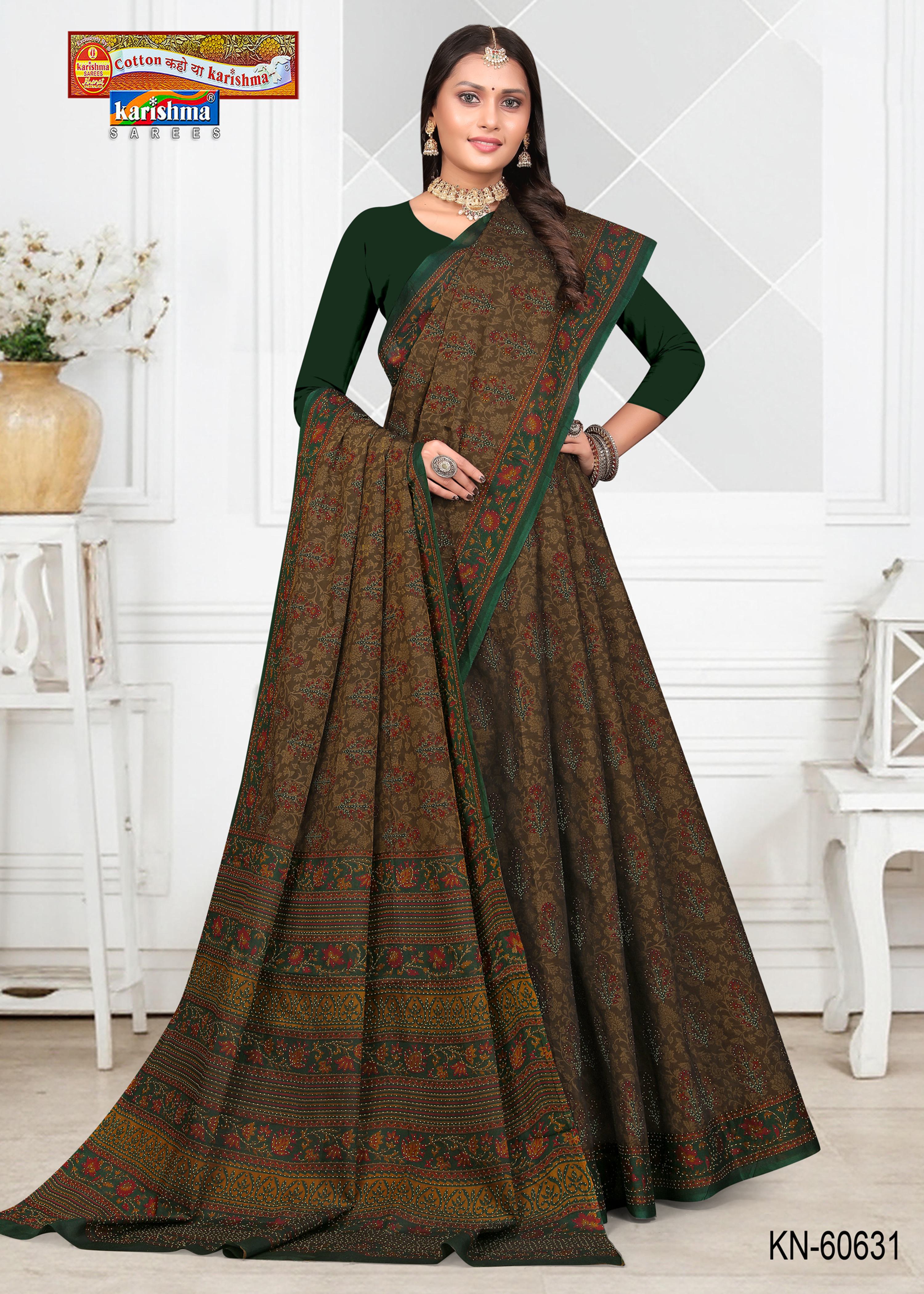 Brown Pure Cotton Muslin (Soft) Saree With Floral Print Allover