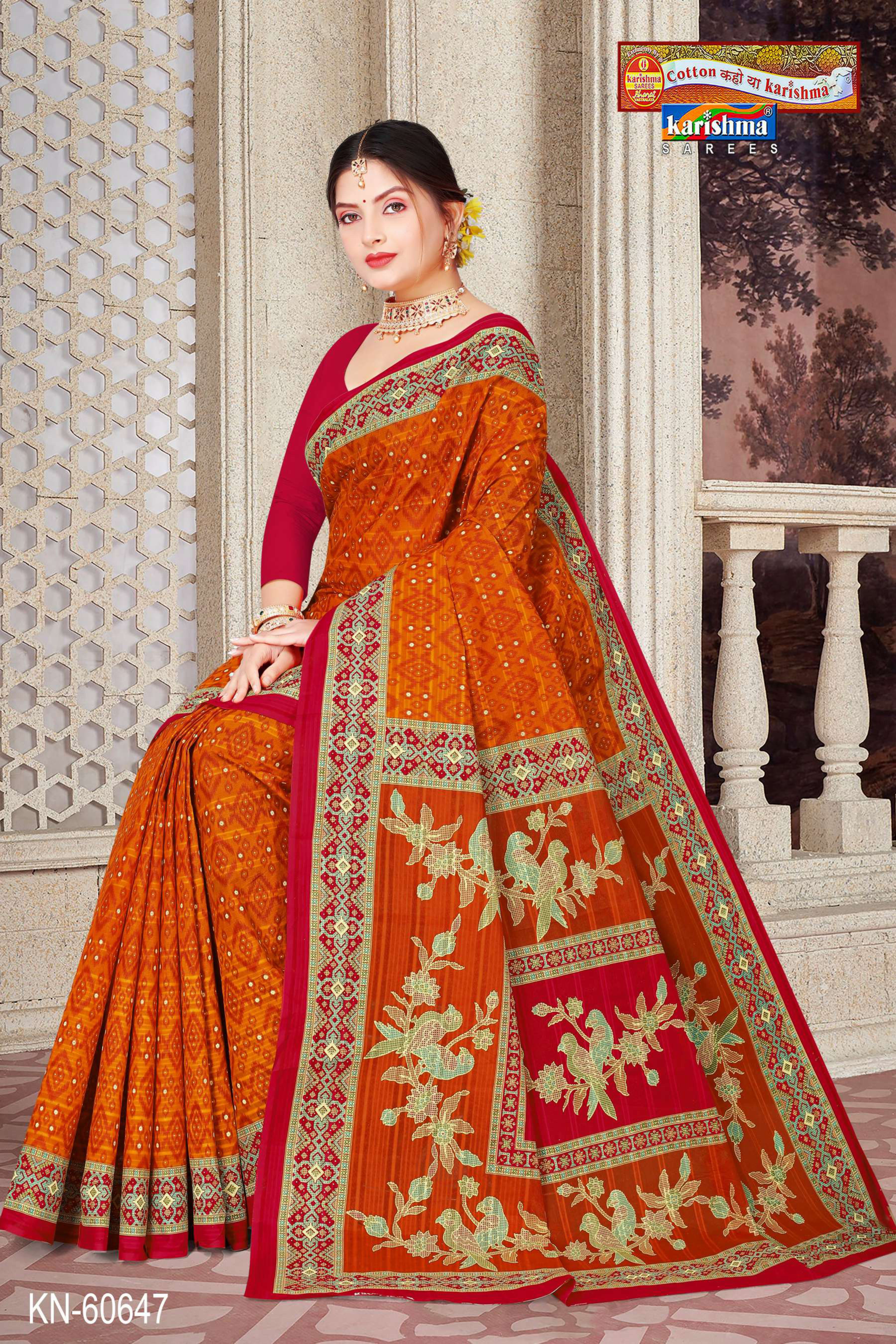 Orange Pure Cotton Mulmul (Medium Soft) Saree With Abstract And Modern Border