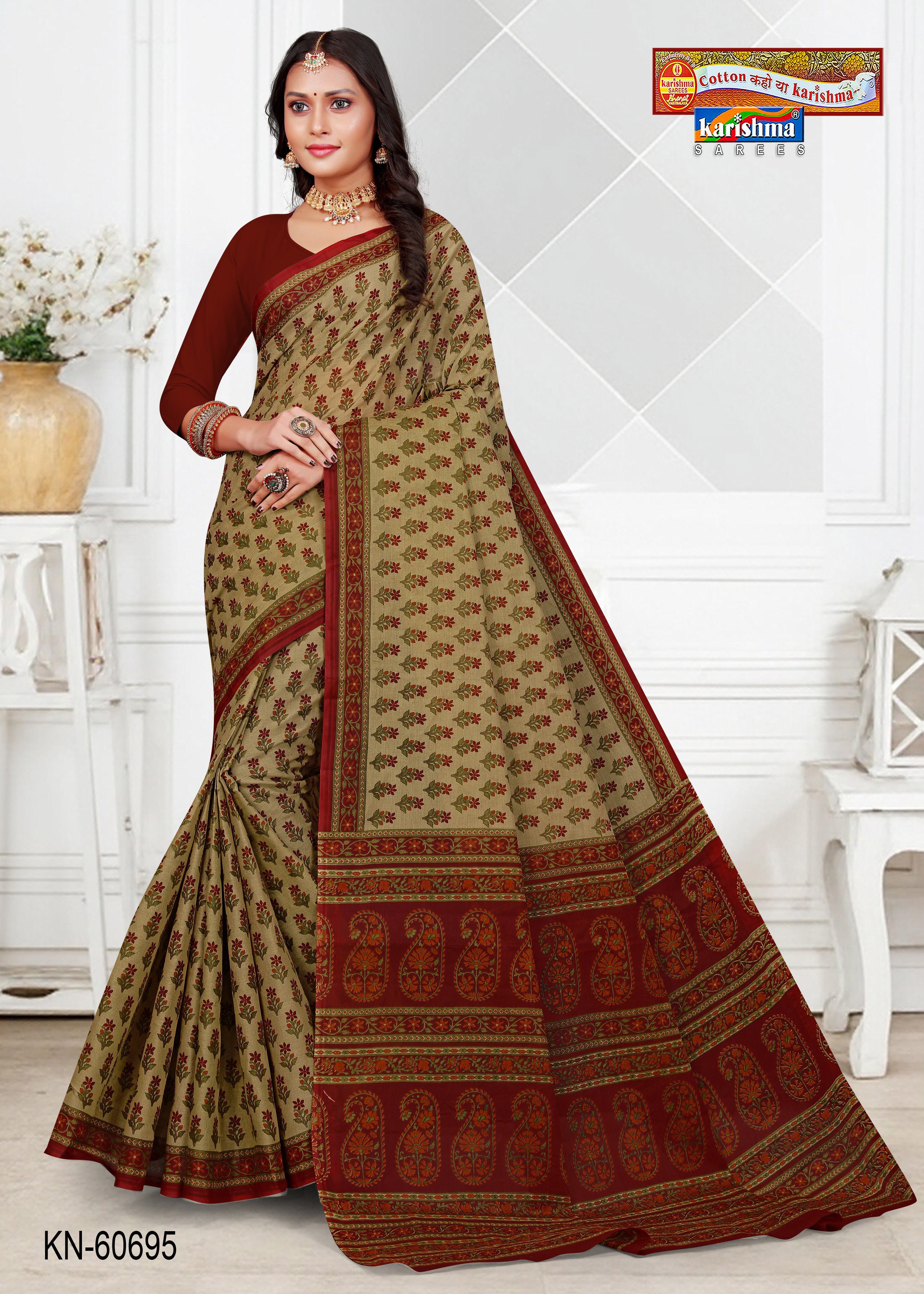 Barn Red Pure Cotton Mulmul (Medium Soft) Saree With Pretty Floral Print And Delicate Border