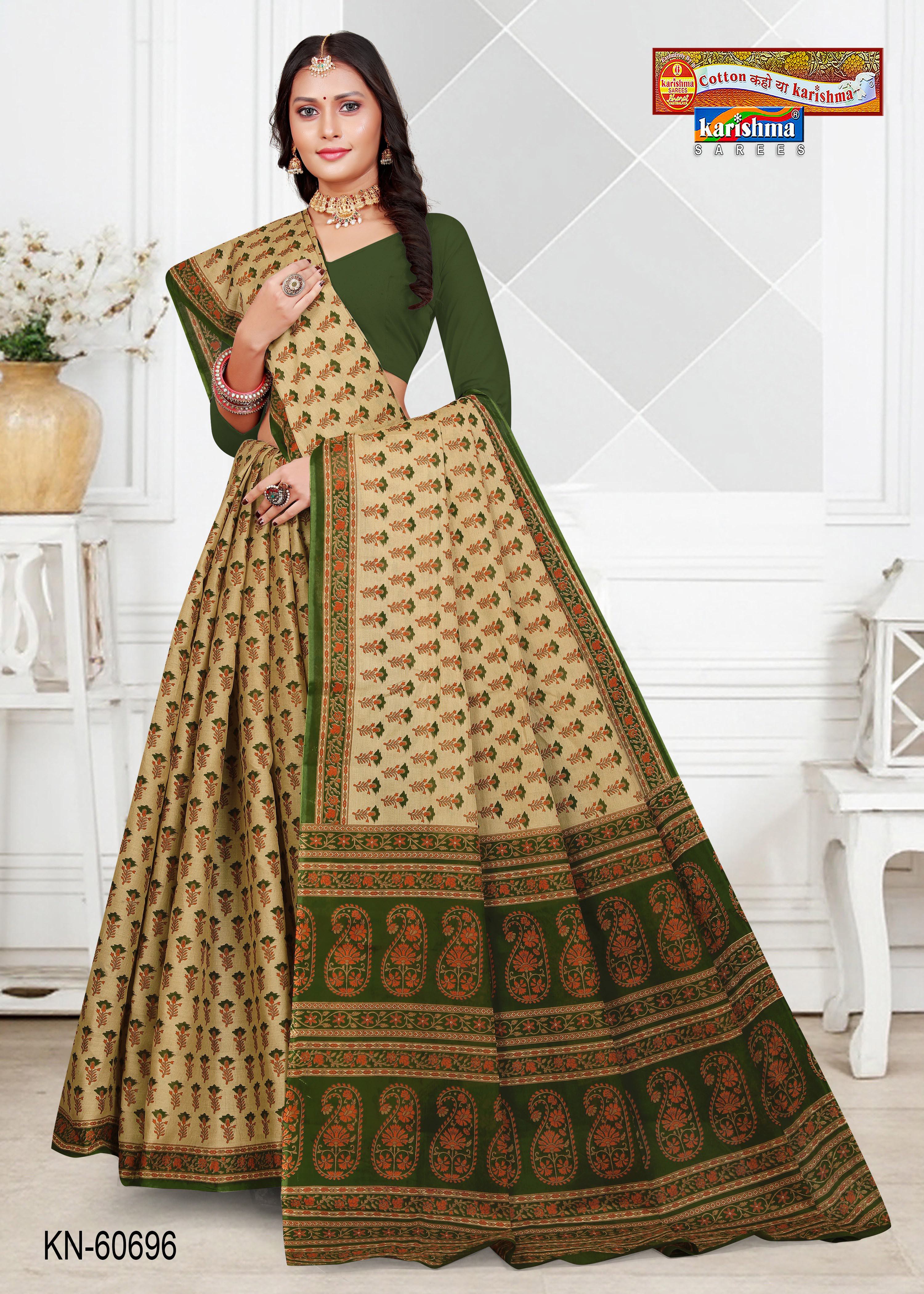 Green Pure Cotton Mulmul (Medium Soft) Saree With Pretty Floral Print And Delicate Border