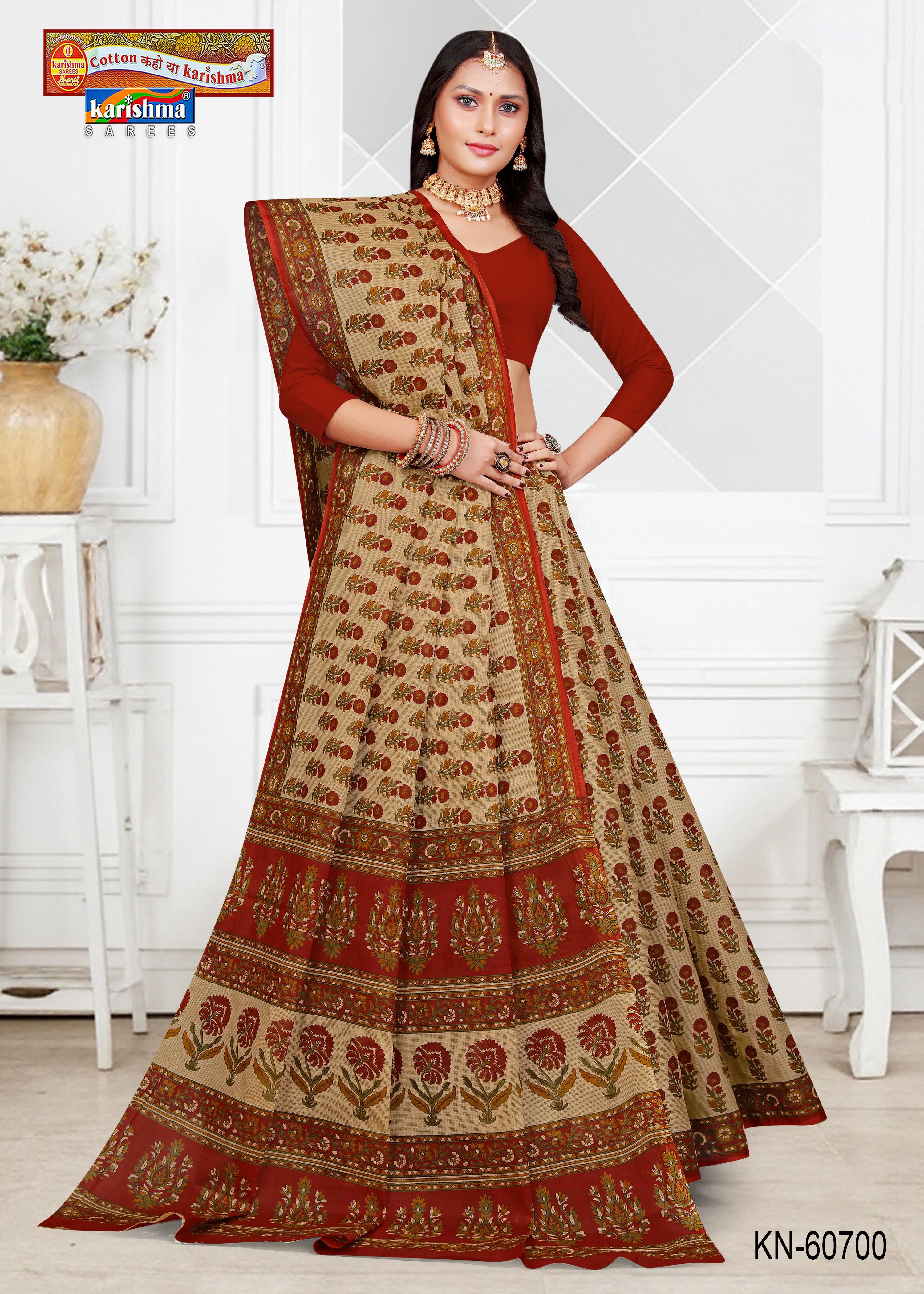 Persian Red Pure Cotton Mulmul (Medium Soft) Saree With Pretty Floral Print And Delicate Border