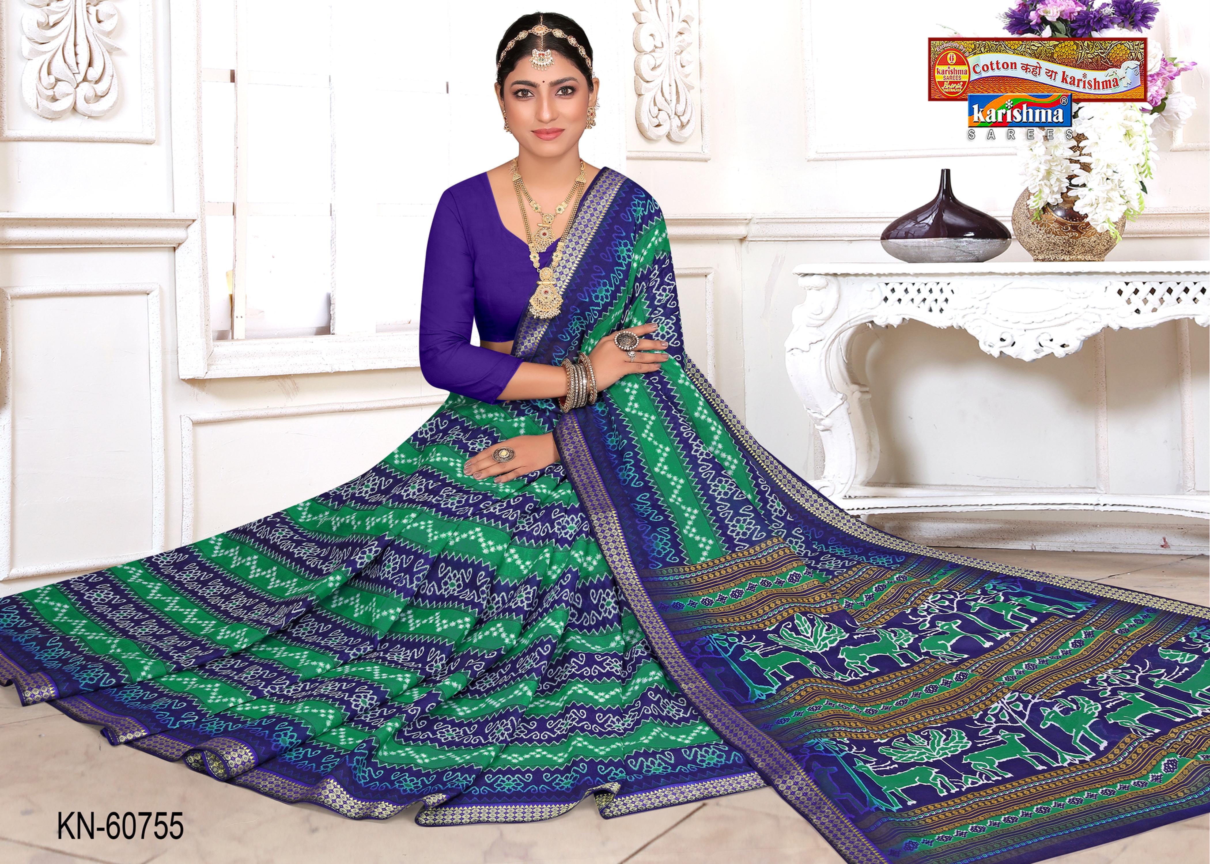 Blue and Green Pure Cotton Malai (Soft) Saree With Ikat Style Print