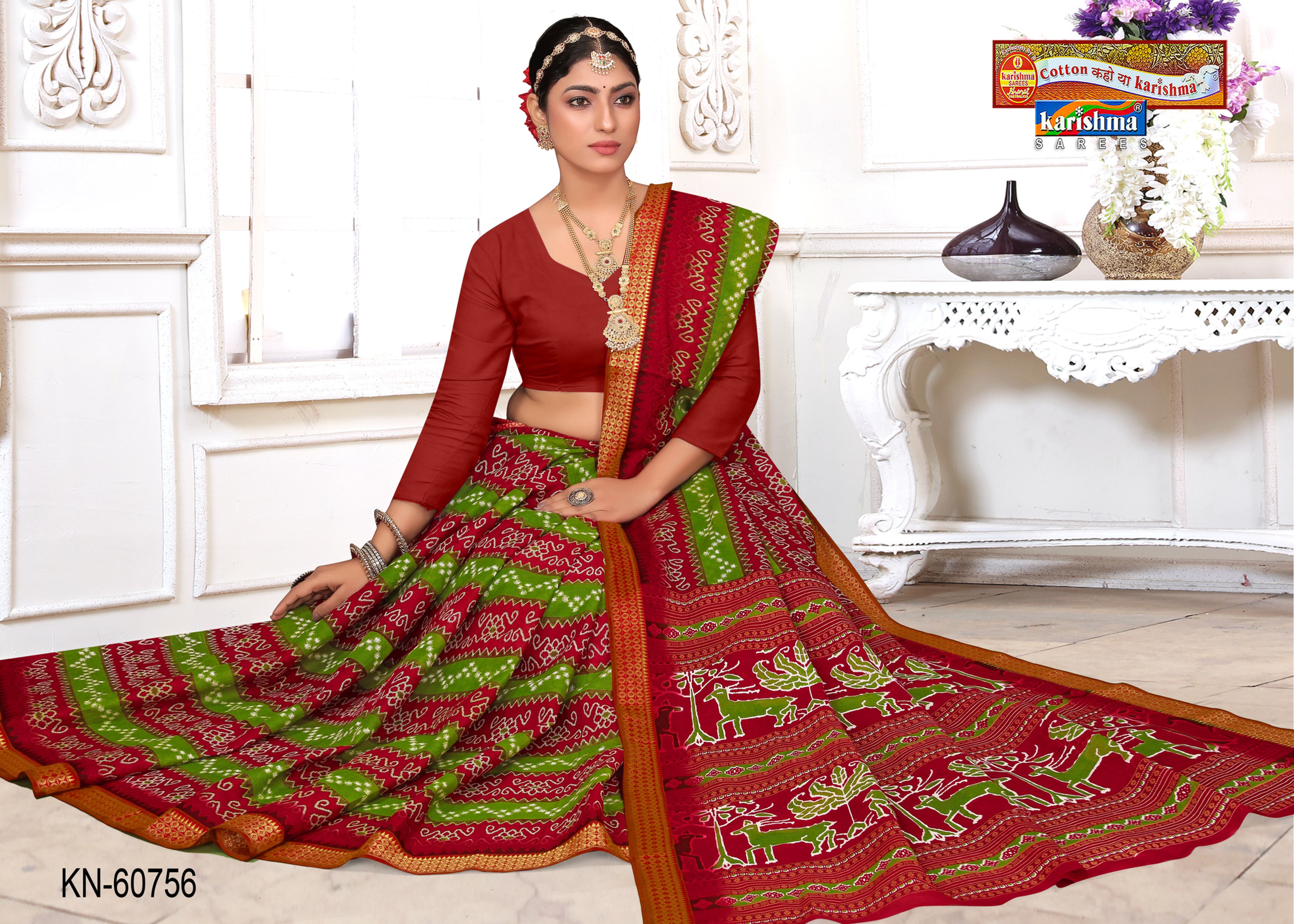 Red and Olive Pure Cotton Malai (Soft) Saree With Ikat Style Print