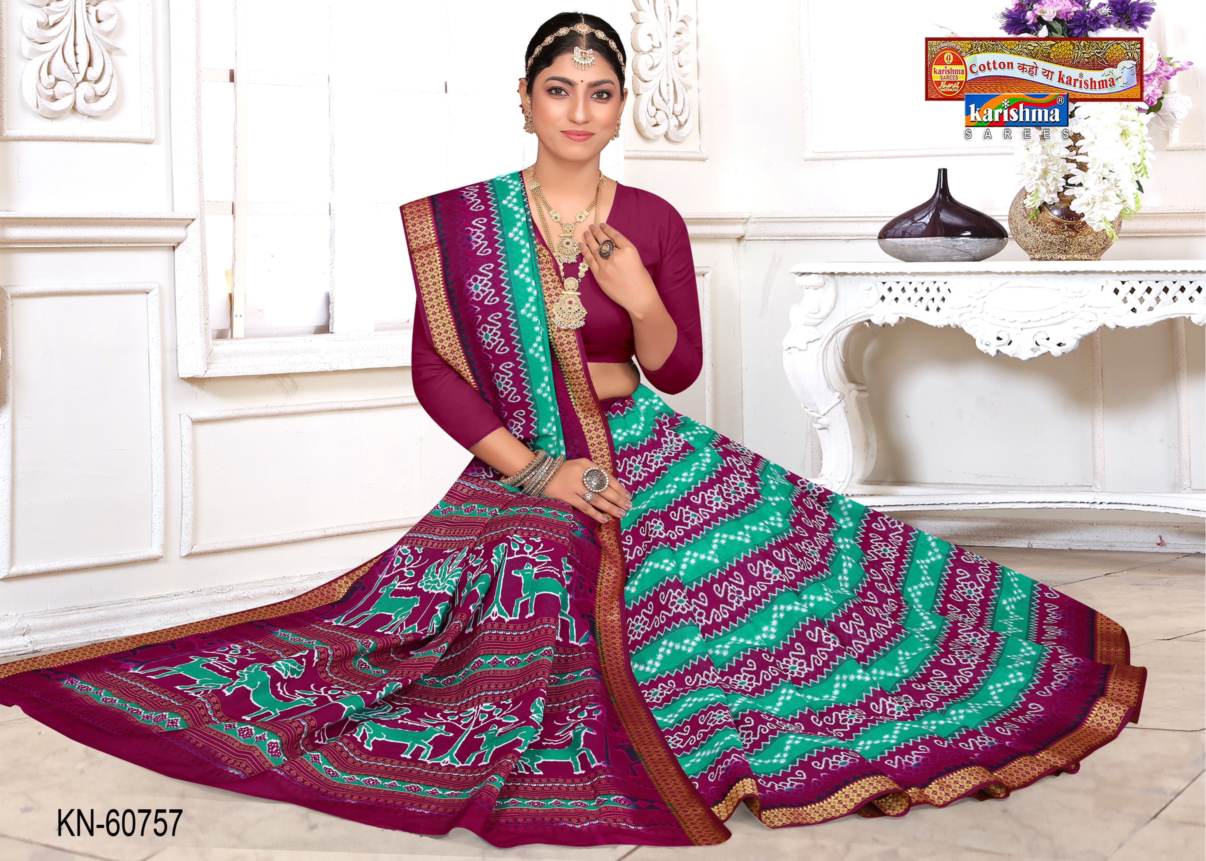 Purple and Green Pure Cotton Malai (Soft) Saree With Ikat Style Print