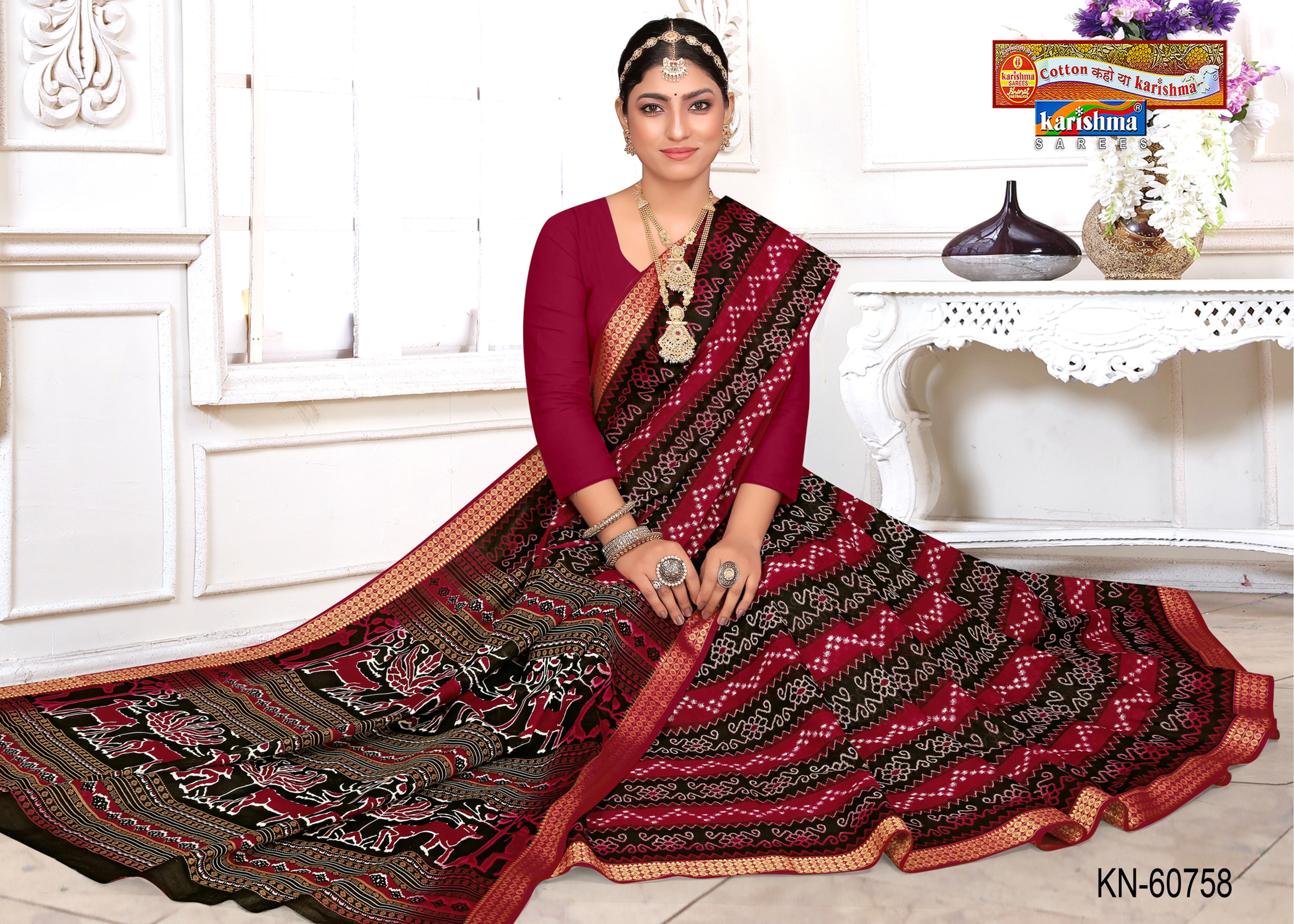 Red and Black Purple and Green Pure Cotton Malai (Soft) Saree With Ikat Style Print
