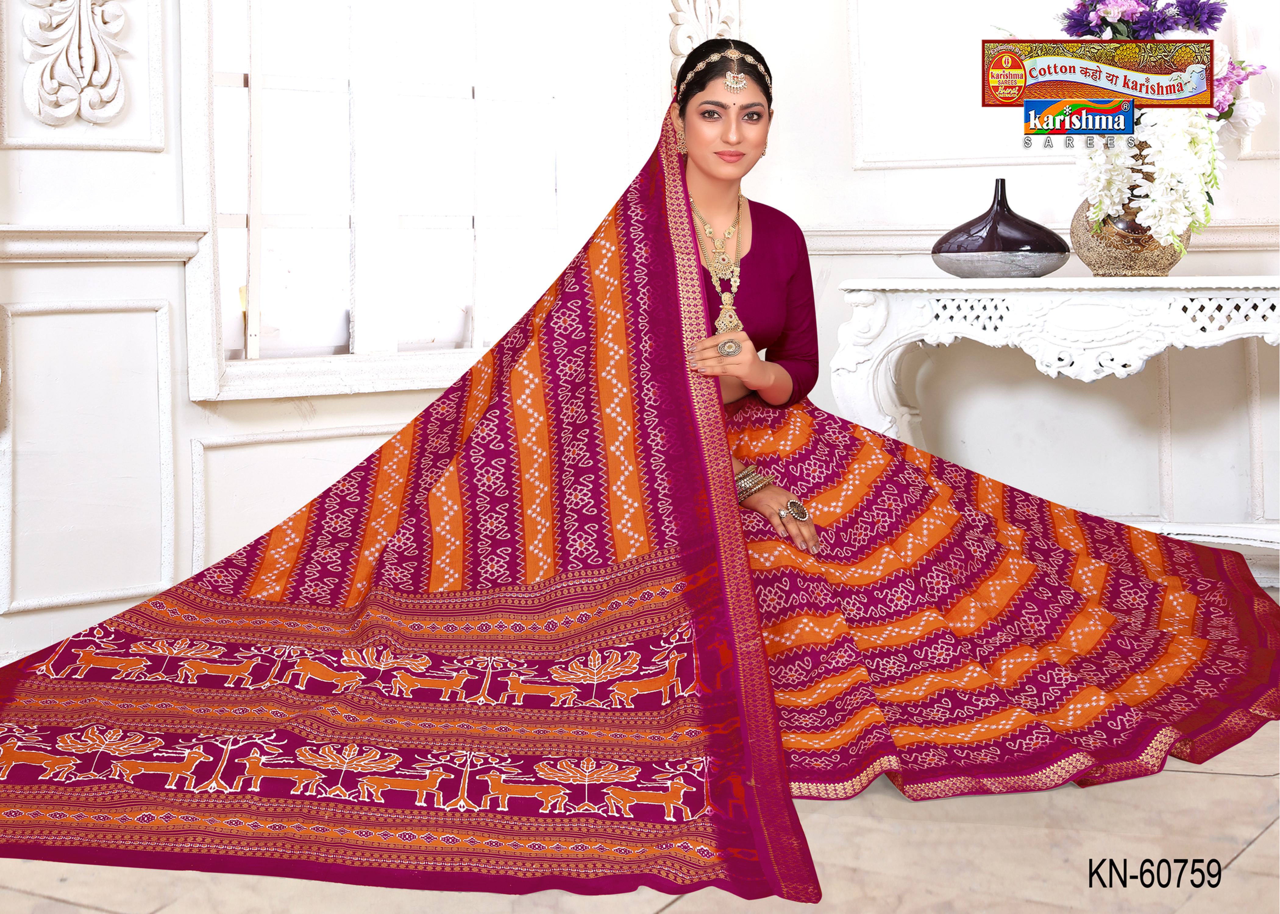 Pink and Orange Purple and Green Pure Cotton Malai (Soft) Saree With Ikat Style Print