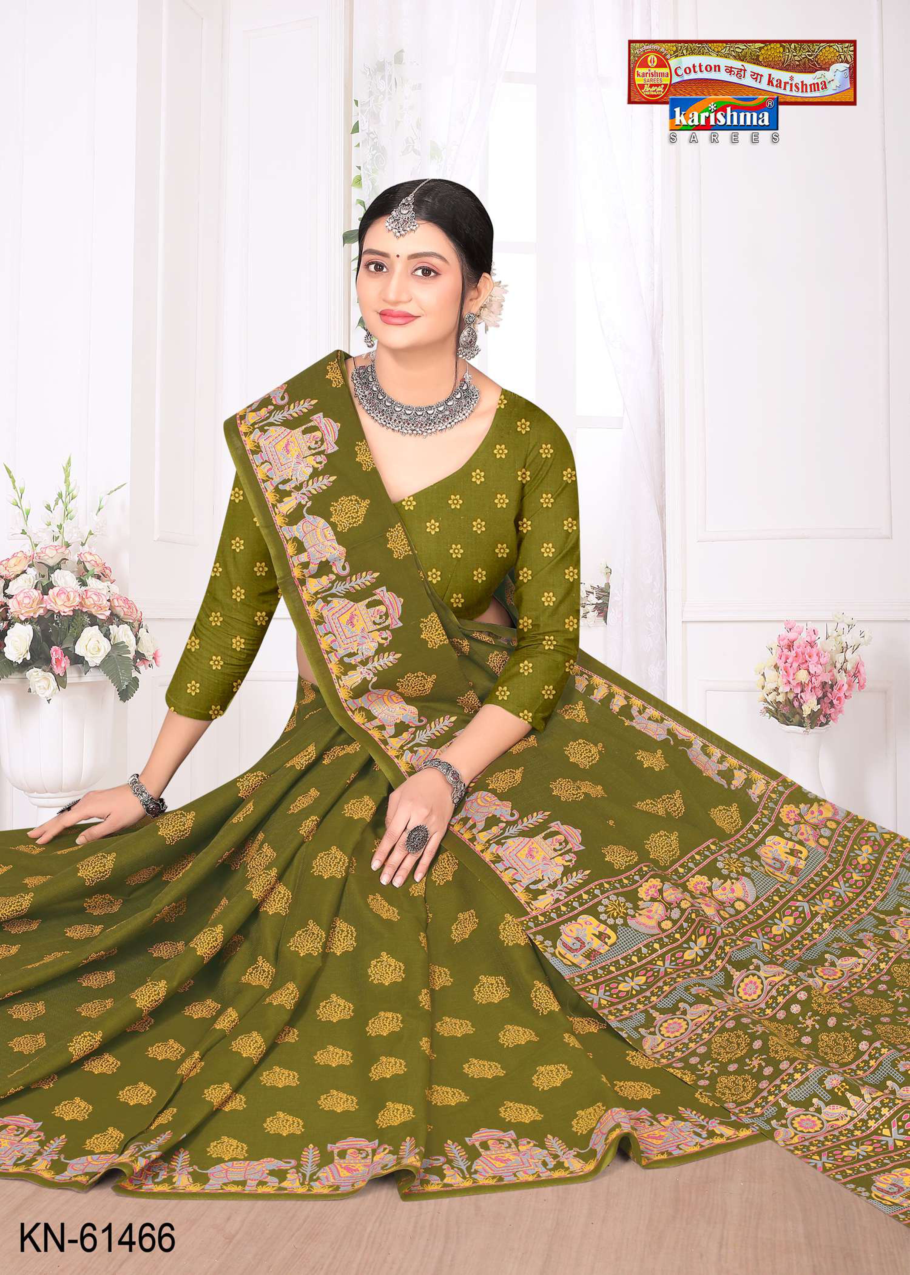 Olive Pure Cotton Herringbone (Soft) Saree With Figure And Elephant At The Border