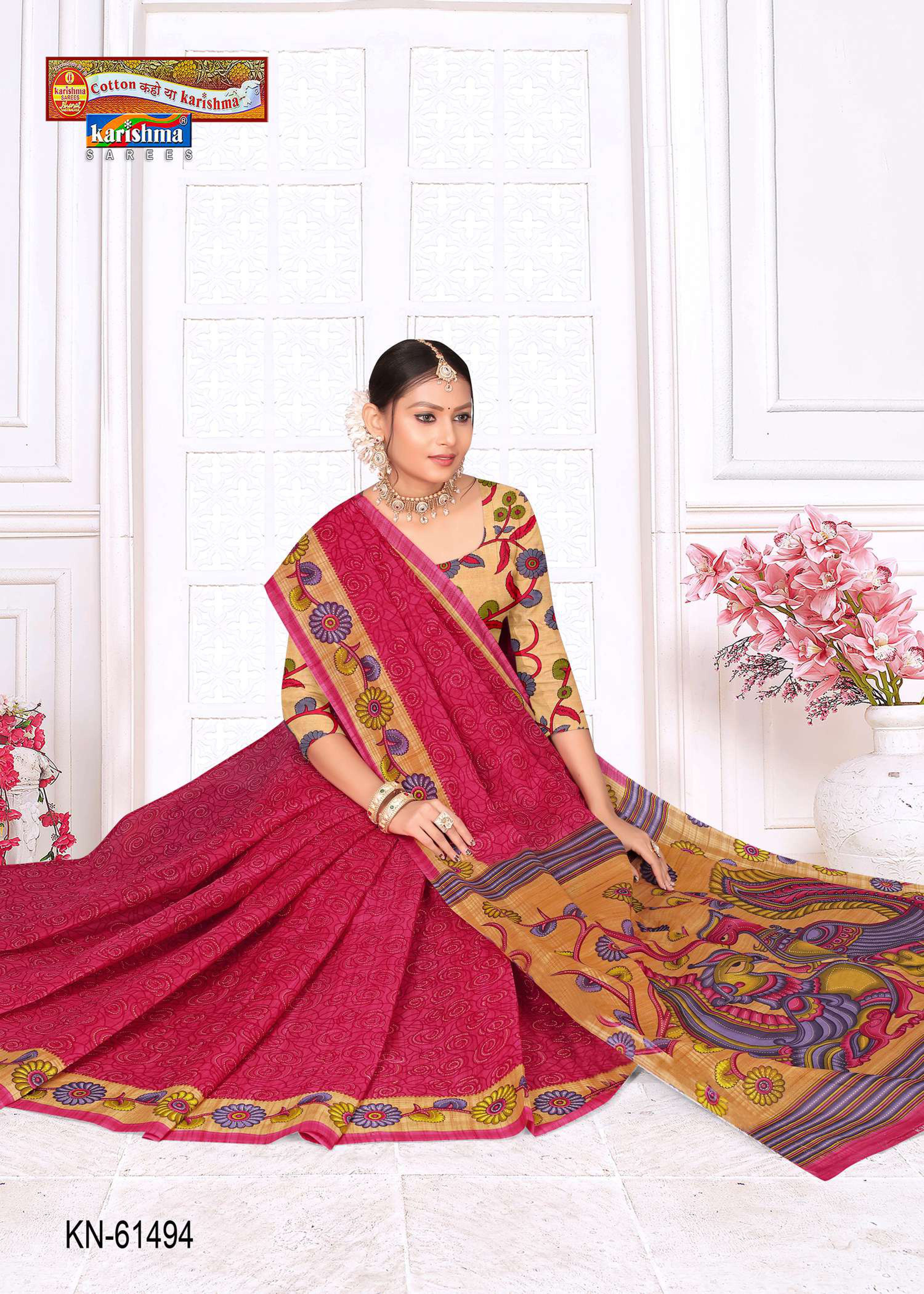 Pink Pure Cotton Mulmul (Stiff) Saree With Floral Border And Peacock On Pallu