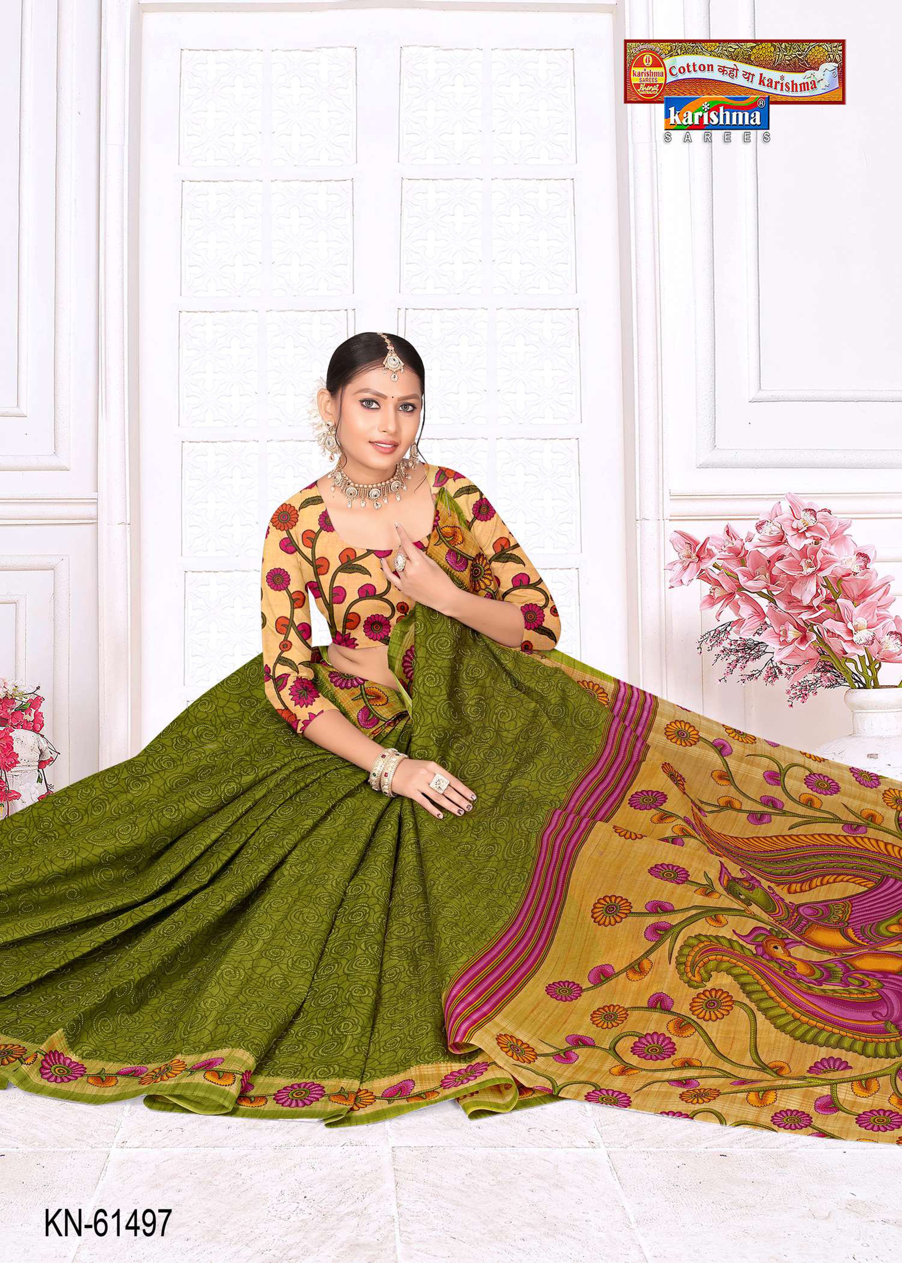Olive Pure Cotton Mulmul (Stiff) Saree With Floral Border And Peacock On Pallu