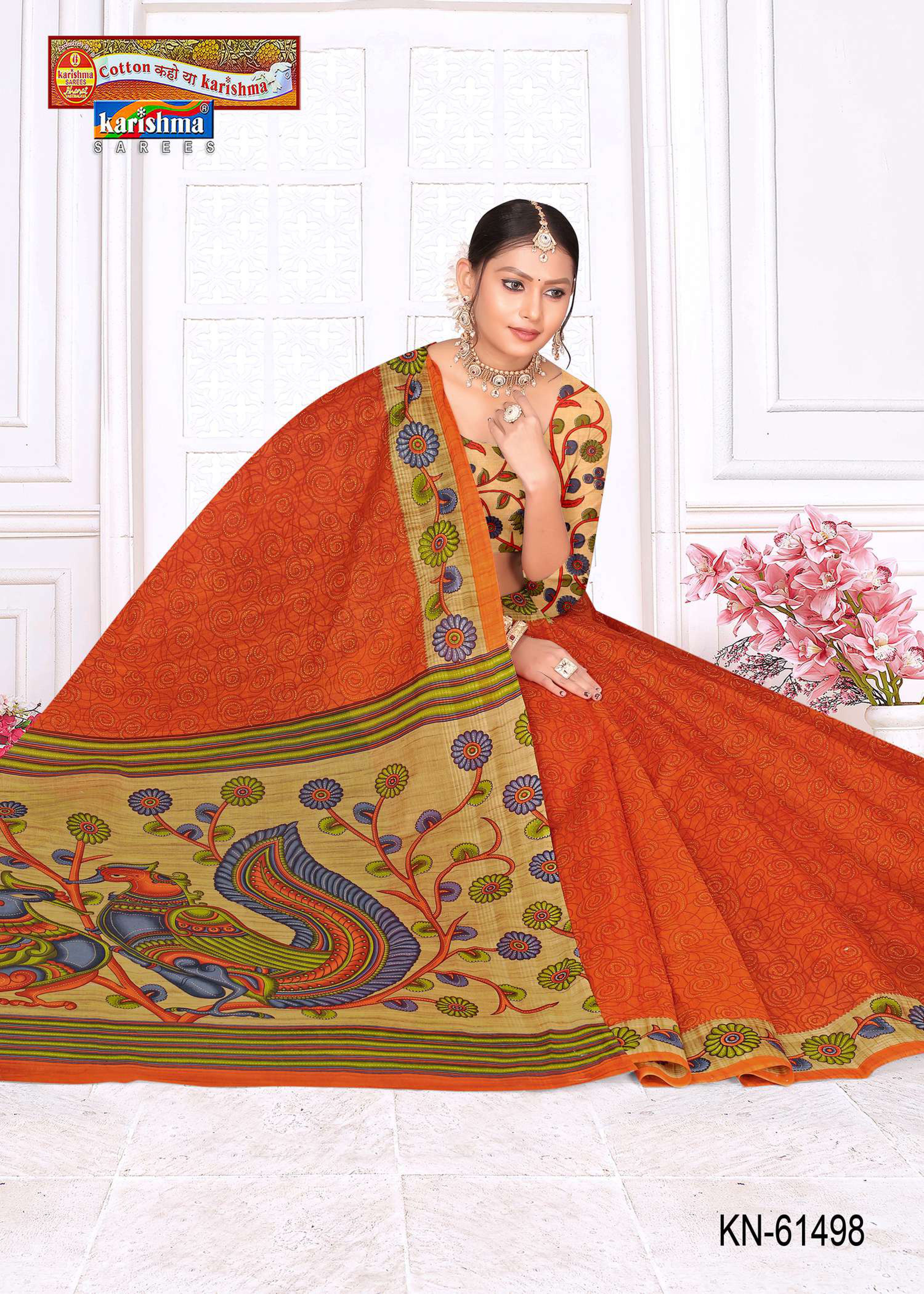 Orange Pure Cotton Mulmul (Stiff) Saree With Floral Border And Peacock On Pallu