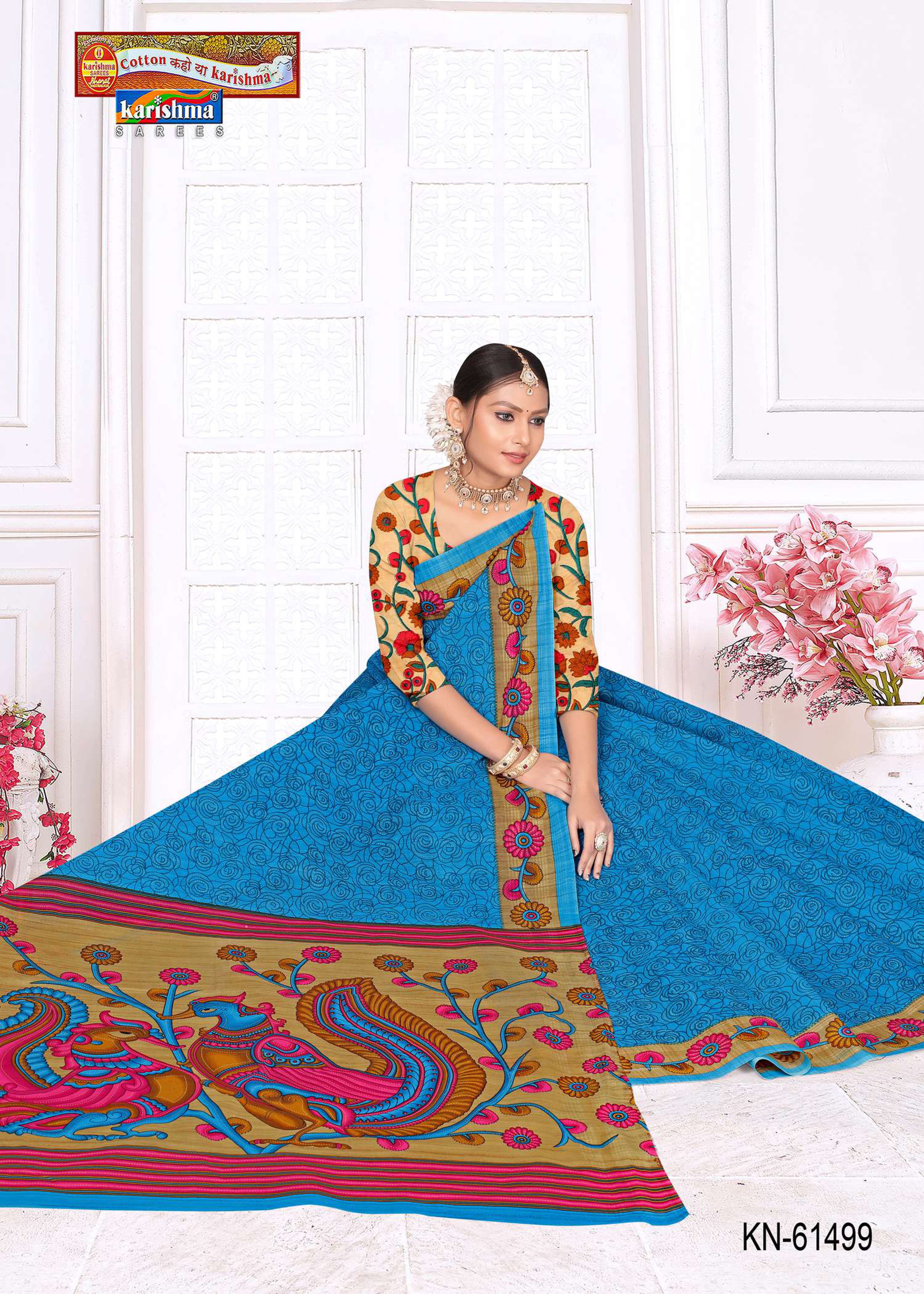 Blue Pure Cotton Mulmul (Stiff) Saree With Floral Border And Peacock On Pallu