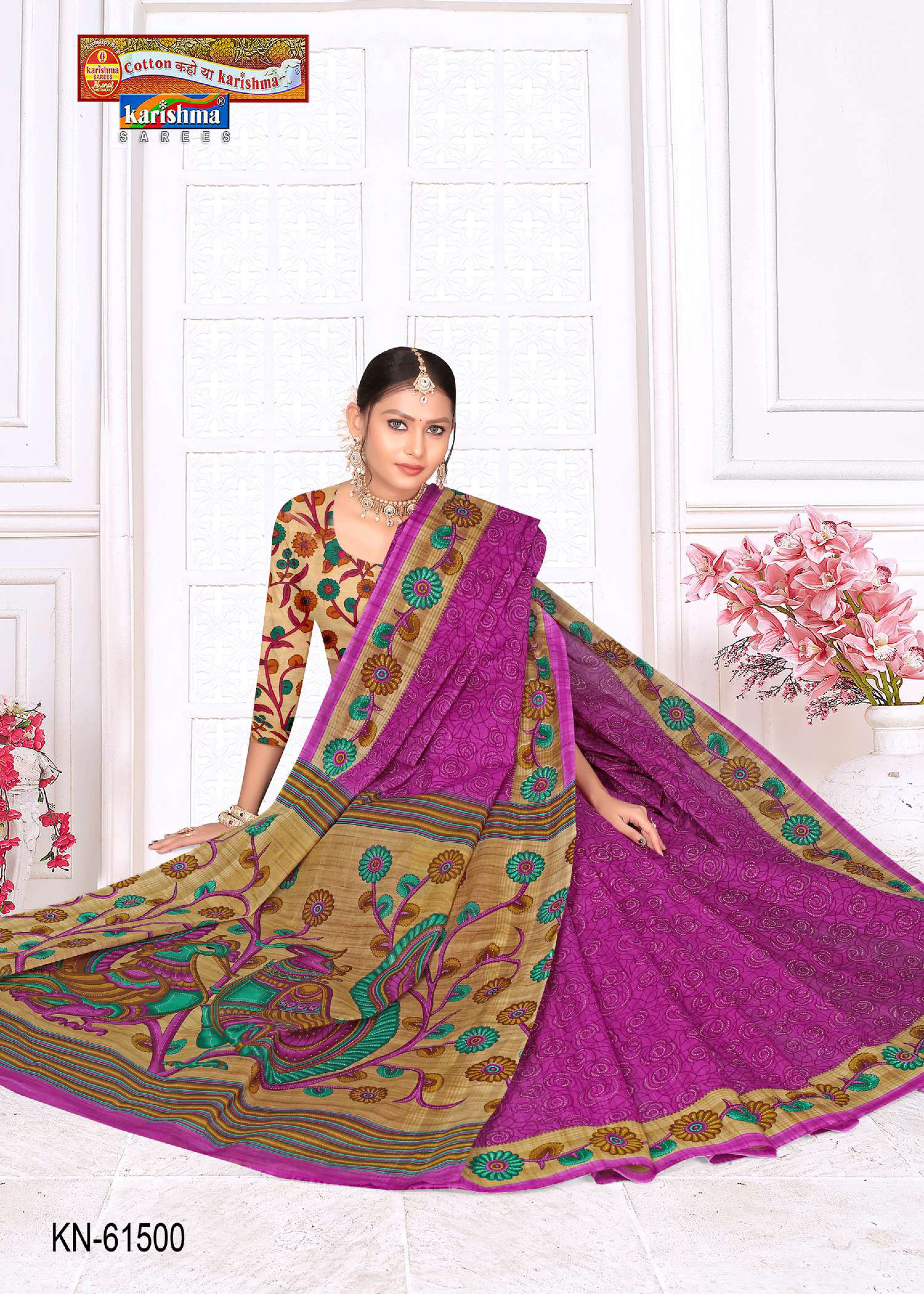 Purple Pure Cotton Mulmul (Stiff) Saree With Floral Border And Peacock On Pallu
