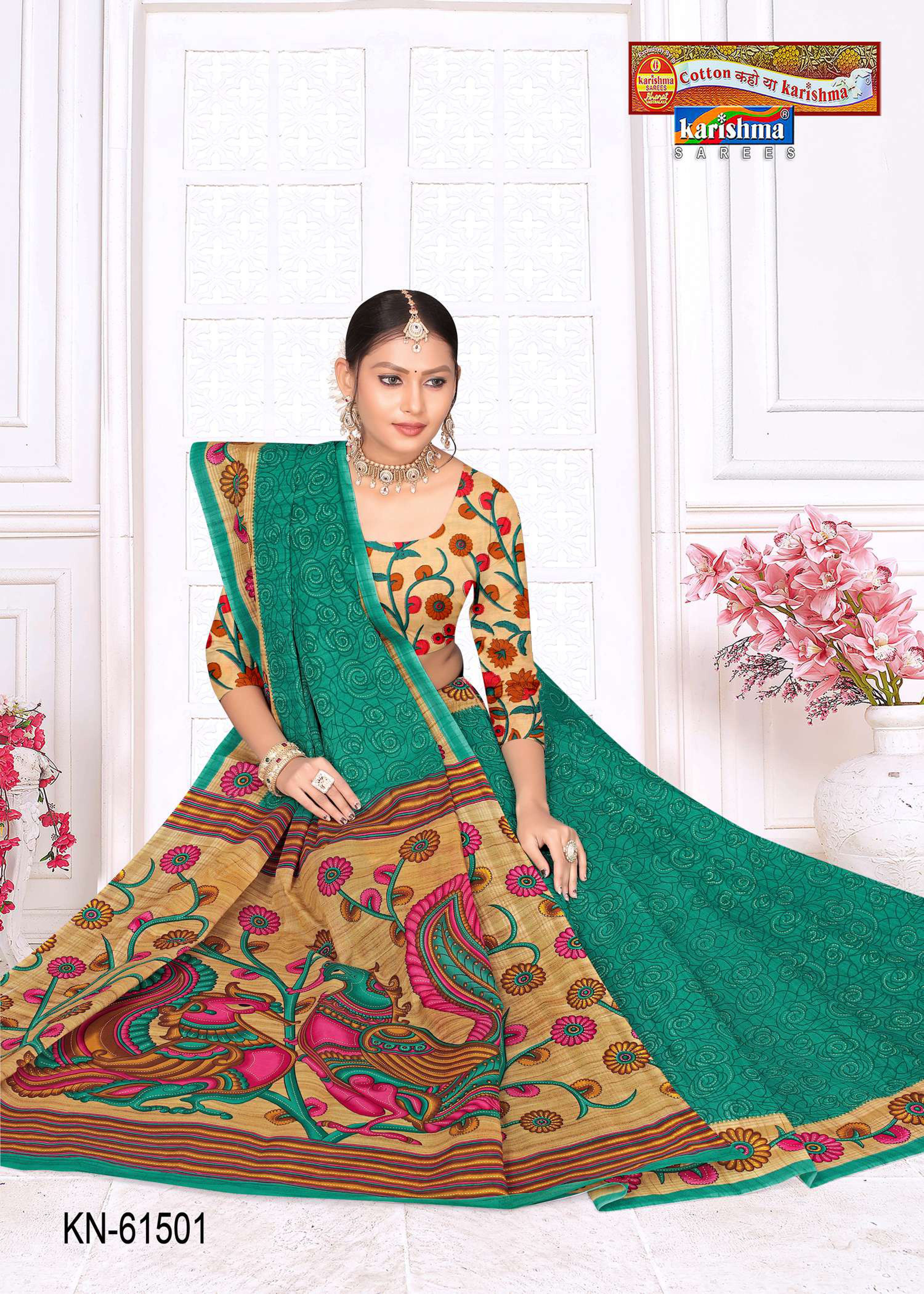 Teal Pure Cotton Mulmul (Stiff) Saree With Floral Border And Peacock On Pallu