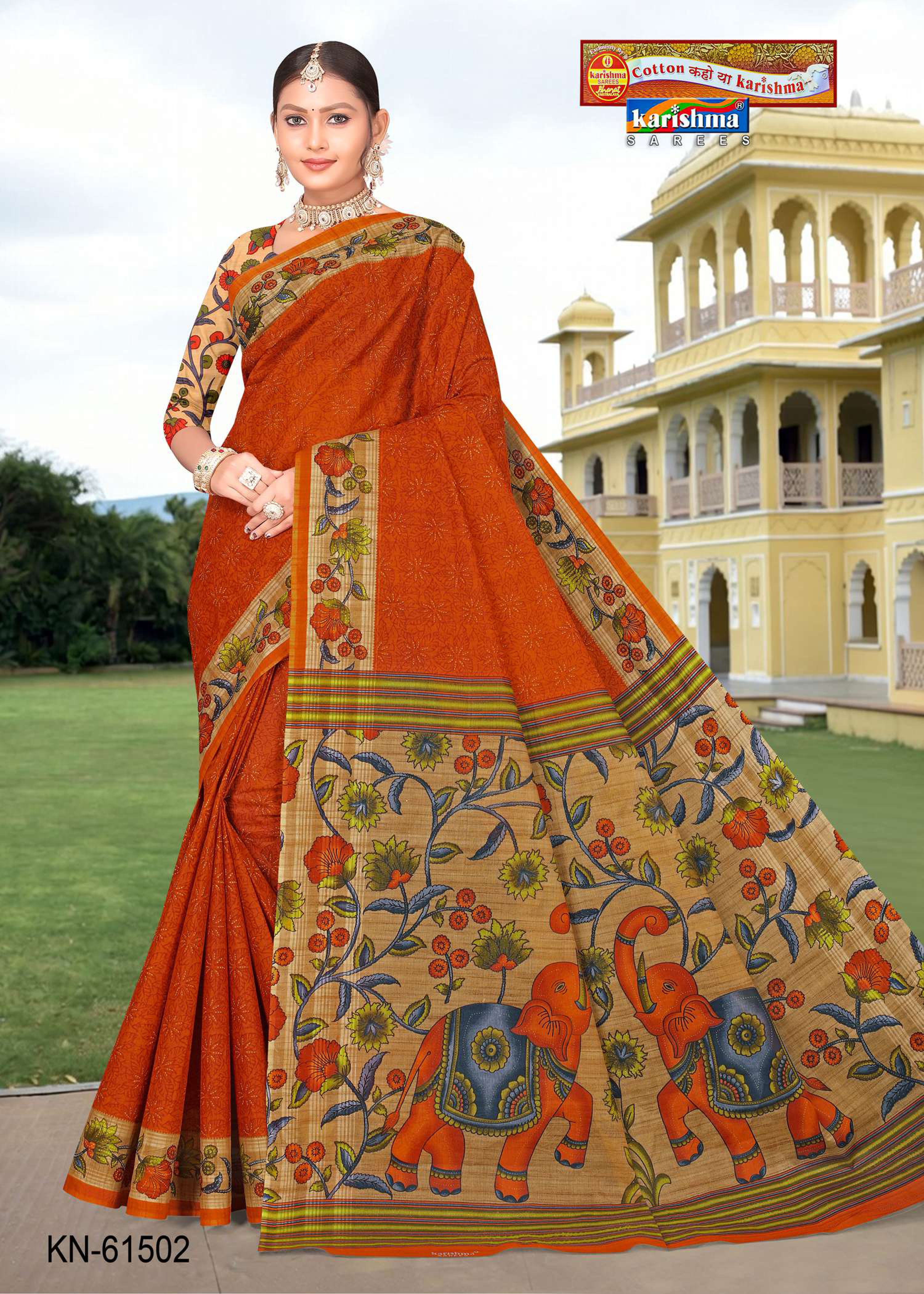 Orange Pure Cotton Mulmul (Stiff) Saree With Floral Border And Elephant Figure On Pallu