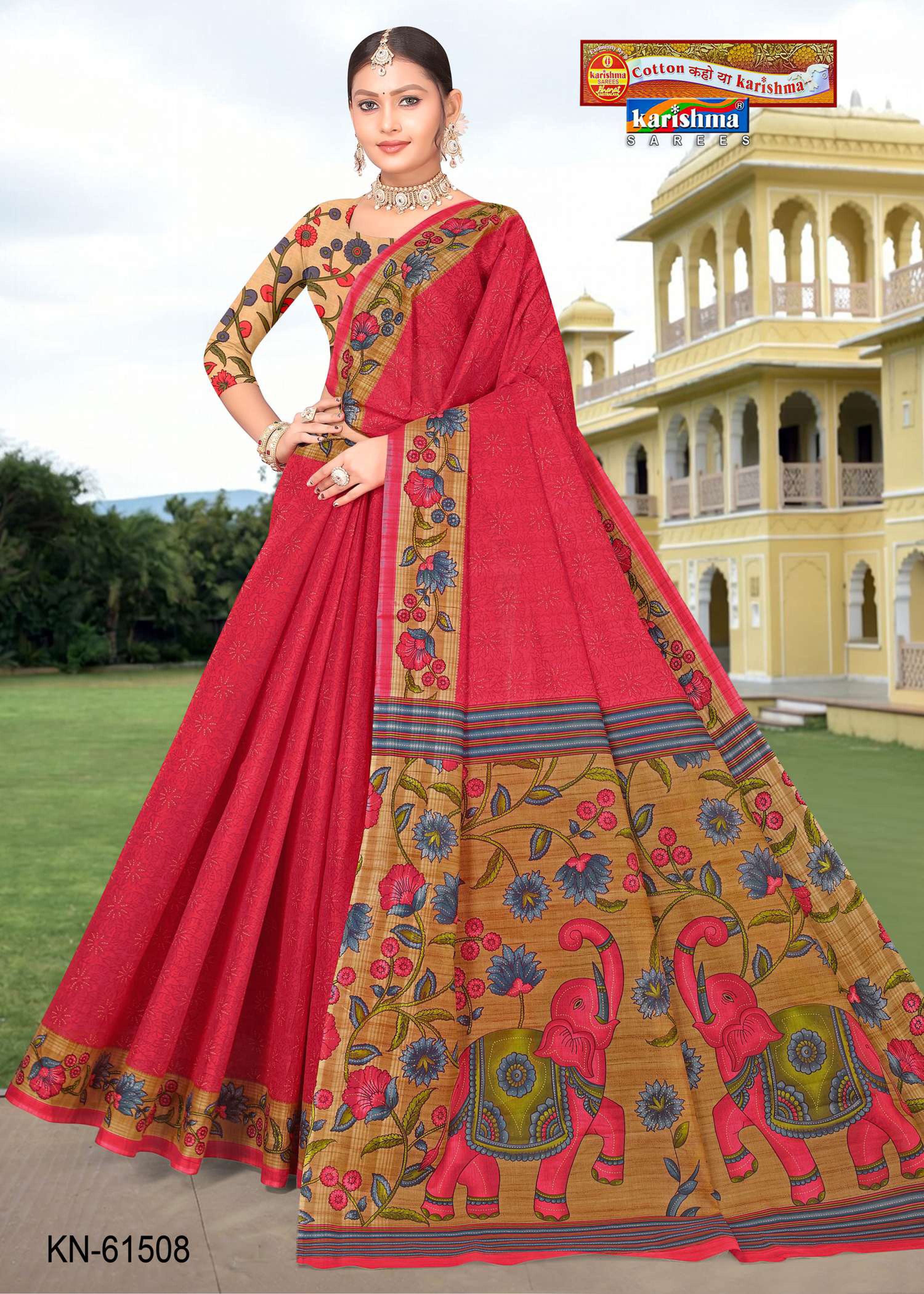 Red Pure Cotton Mulmul (Stiff) Saree With Floral Border And Elephant Figure On Pallu