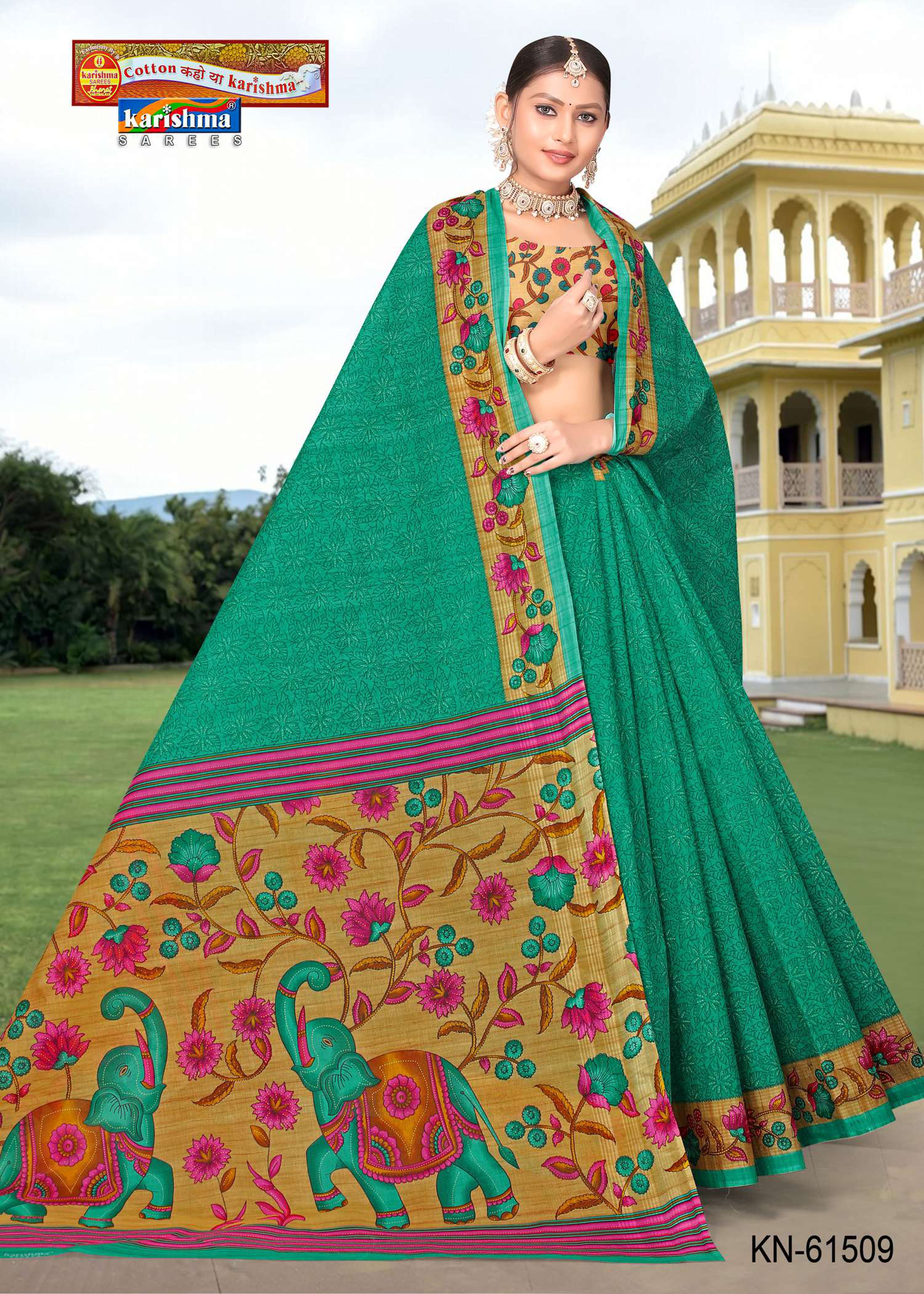 Olive Pure Cotton Mulmul (Stiff) Saree With Floral Border And Elephant Figure On Pallu